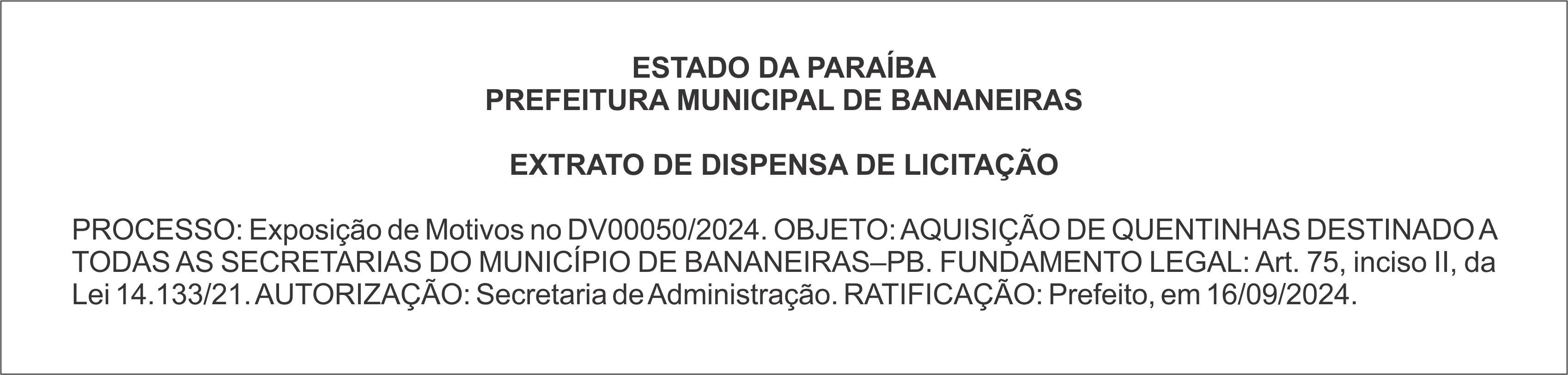 PREFEITURA MUNICIPAL DE BANANEIRAS – EXTRATO DE DISPENSA DE LICITAÇÃO