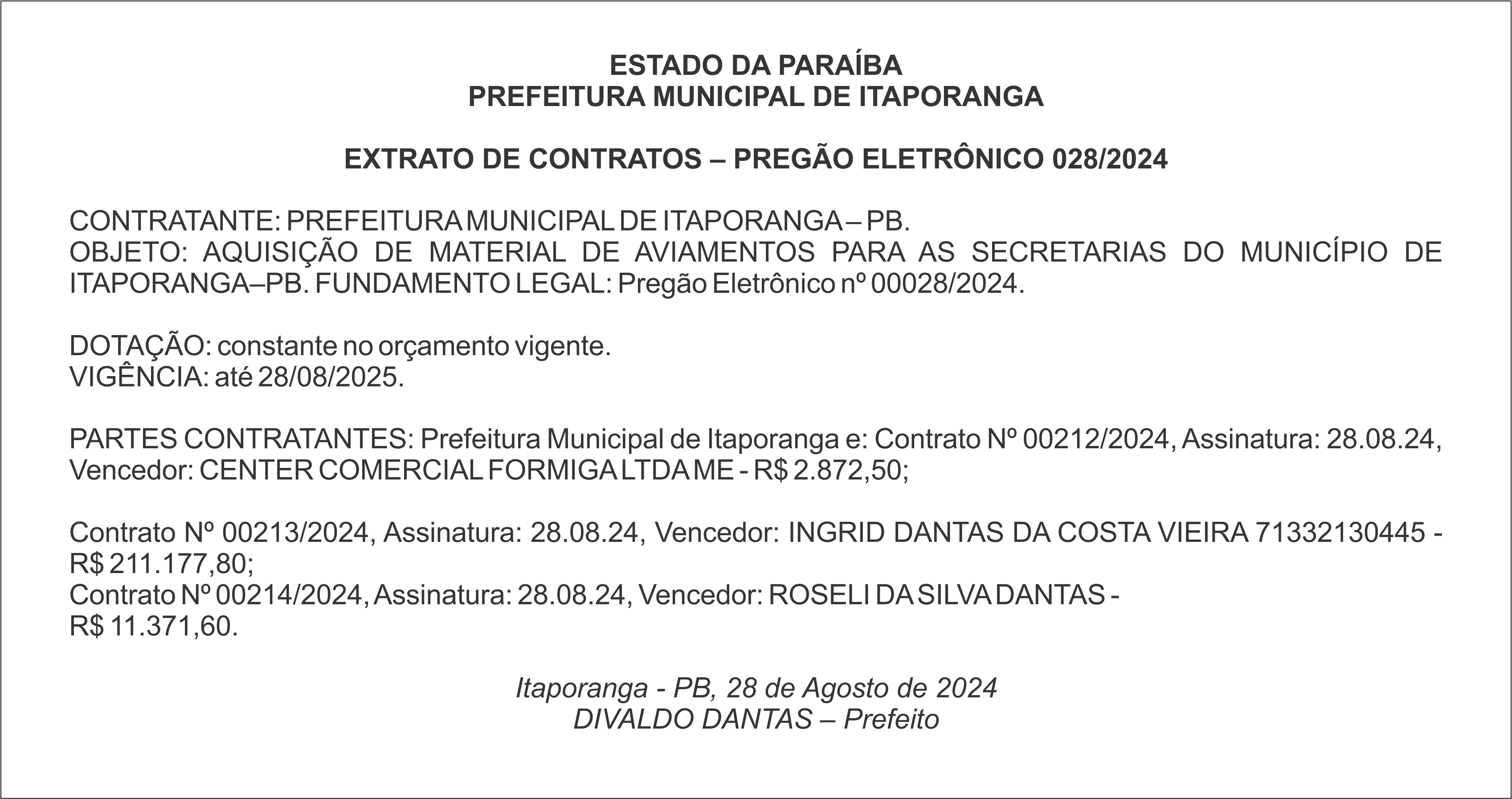 PREFEITURA MUNICIPAL DE ITAPORANGA – EXTRATO DE CONTRATOS – PREGÃO ELETRÔNICO 028/2024