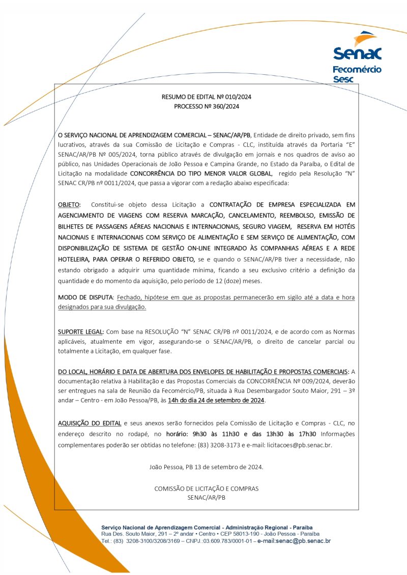 SENAC – RESUMO DE EDITAL Nº 010/2024 – PROCESSO Nº 360/2024