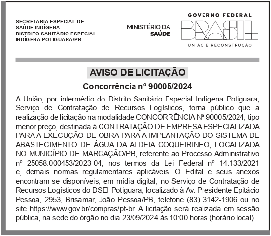 DSEI – PB – POTIGUARA – AVISO DE LICITAÇÃO – CONCORRÊNCIA Nº 90005/2024