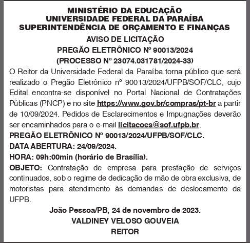 UNIVERSIDADE FEDERAL DA PARAÍBA – AVISO DE LICITAÇÃO PREGÃO ELETRÔNICO No 90013/2024