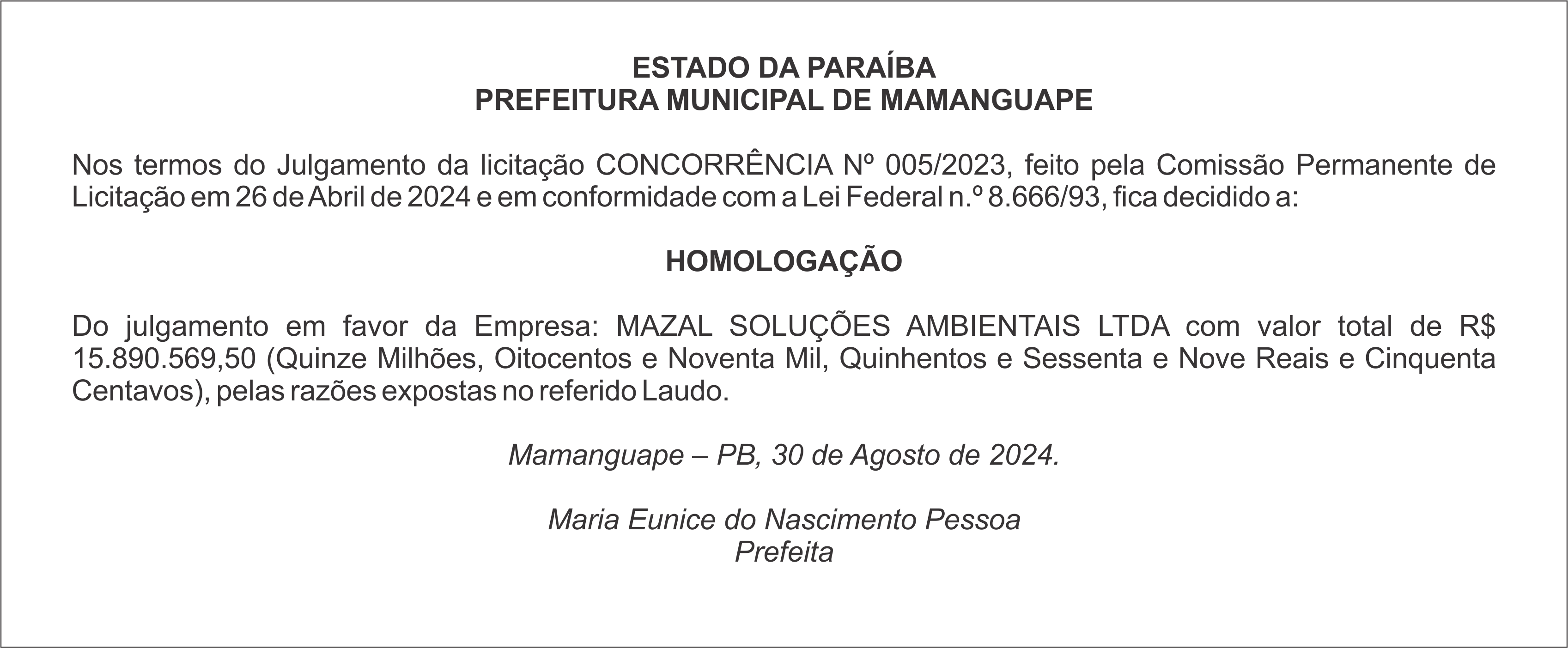 PREFEITURA MUNICIPAL DE MAMANGUAPE  – HOMOLOGAÇÃO – CONCORRÊNCIA Nº 005/2023