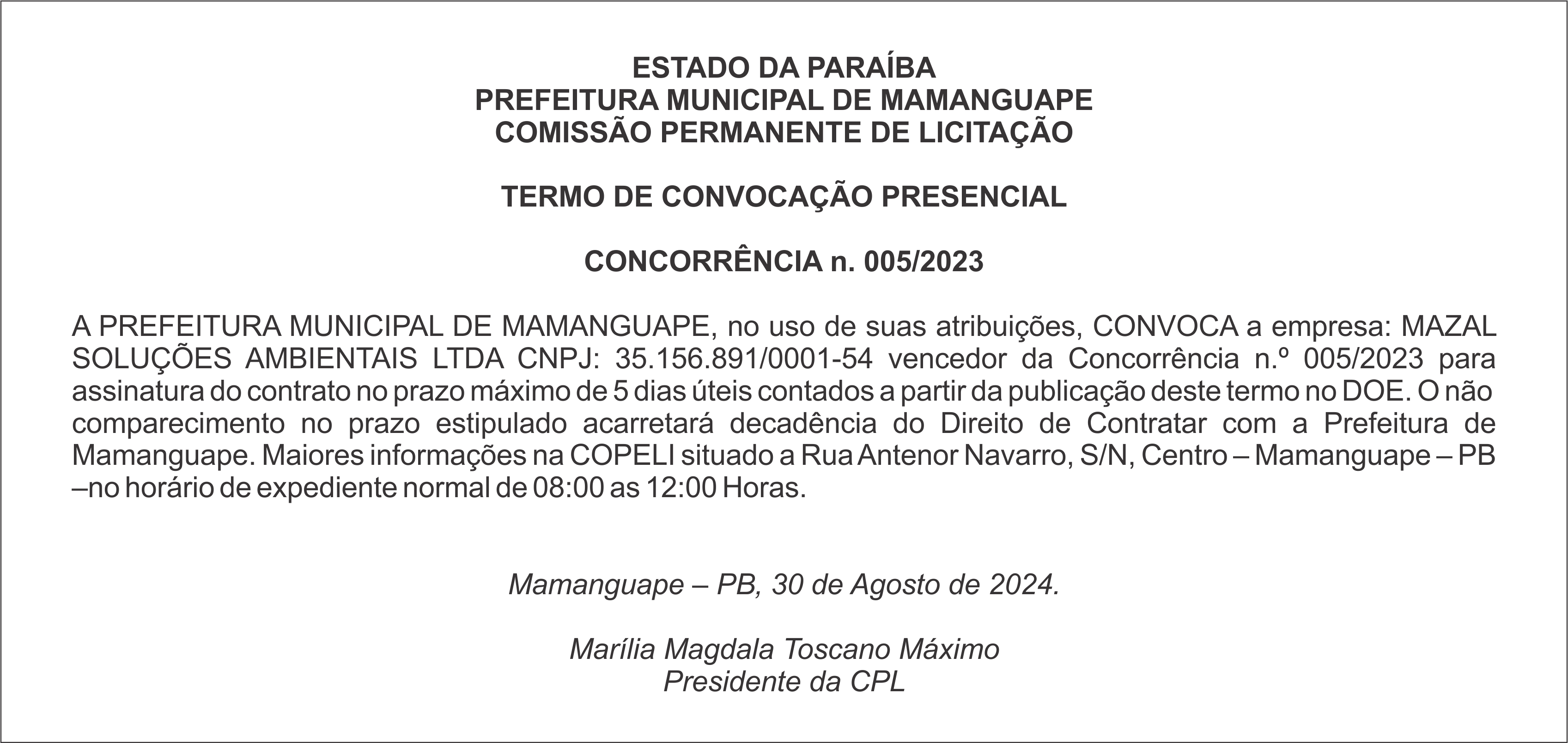 PREFEITURA MUNICIPAL DE MAMANGUAPE – COMISSÃO PERMANENTE DE LICITAÇÃO TERMO DE CONVOCAÇÃO PRESENCIAL – CONCORRÊNCIA n. 005/2023