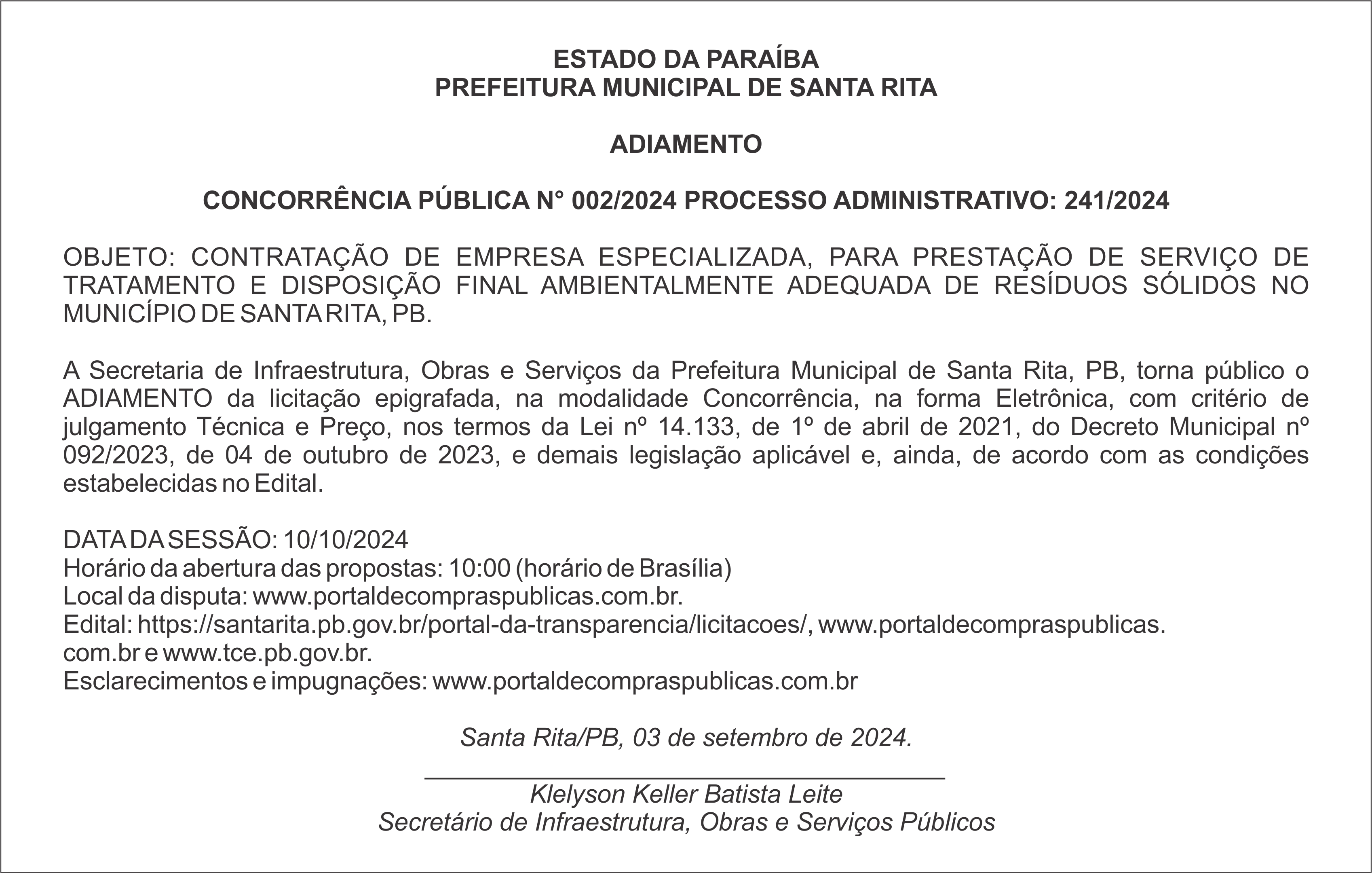 PREFEITURA MUNICIPAL DE SANTA RITA – ADIAMENTO – CONCORRÊNCIA PÚBLICA N° 002/2024