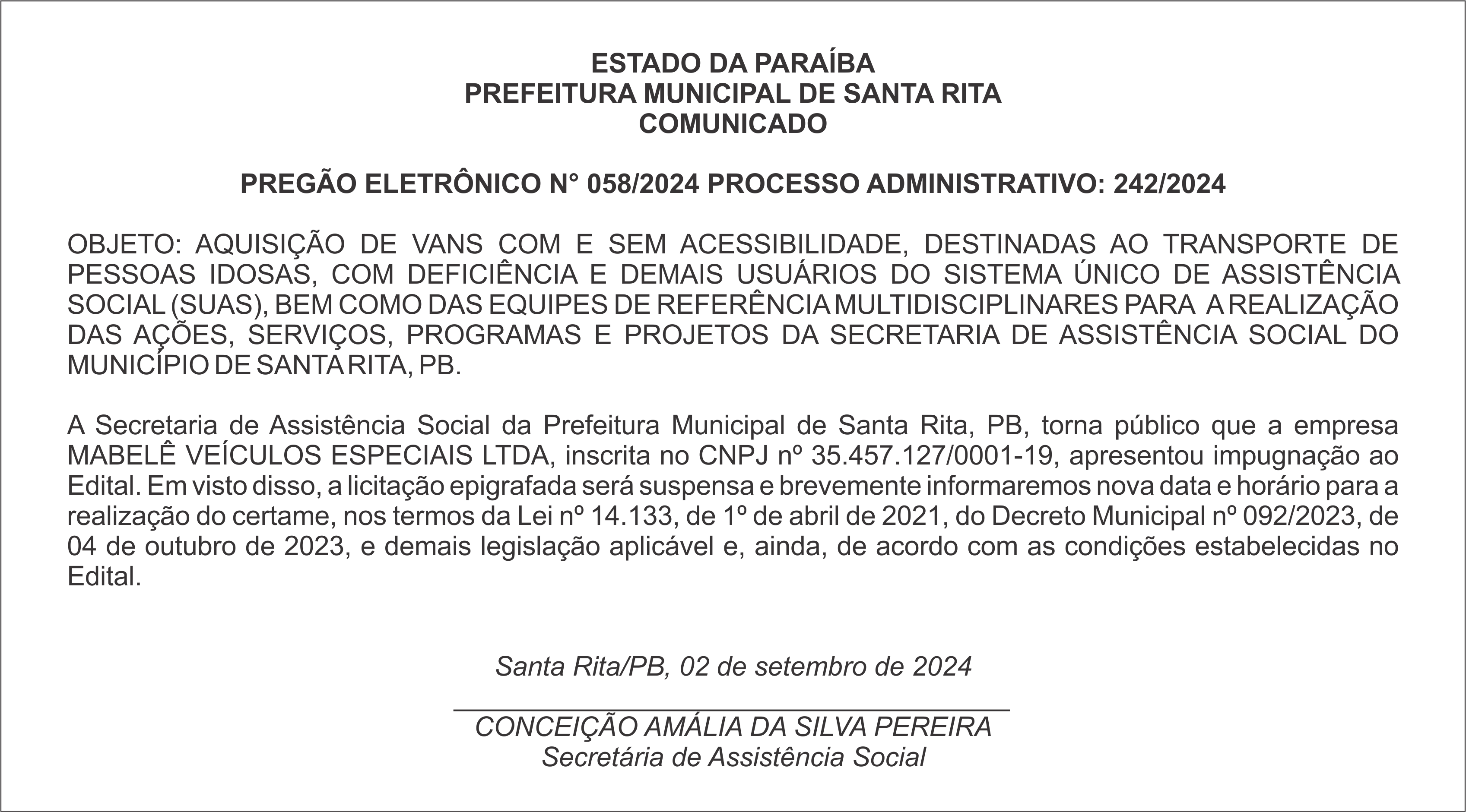 PREFEITURA MUNICIPAL DE SANTA RITA – COMUNICADO – PREGÃO ELETRÔNICO N° 058/2024