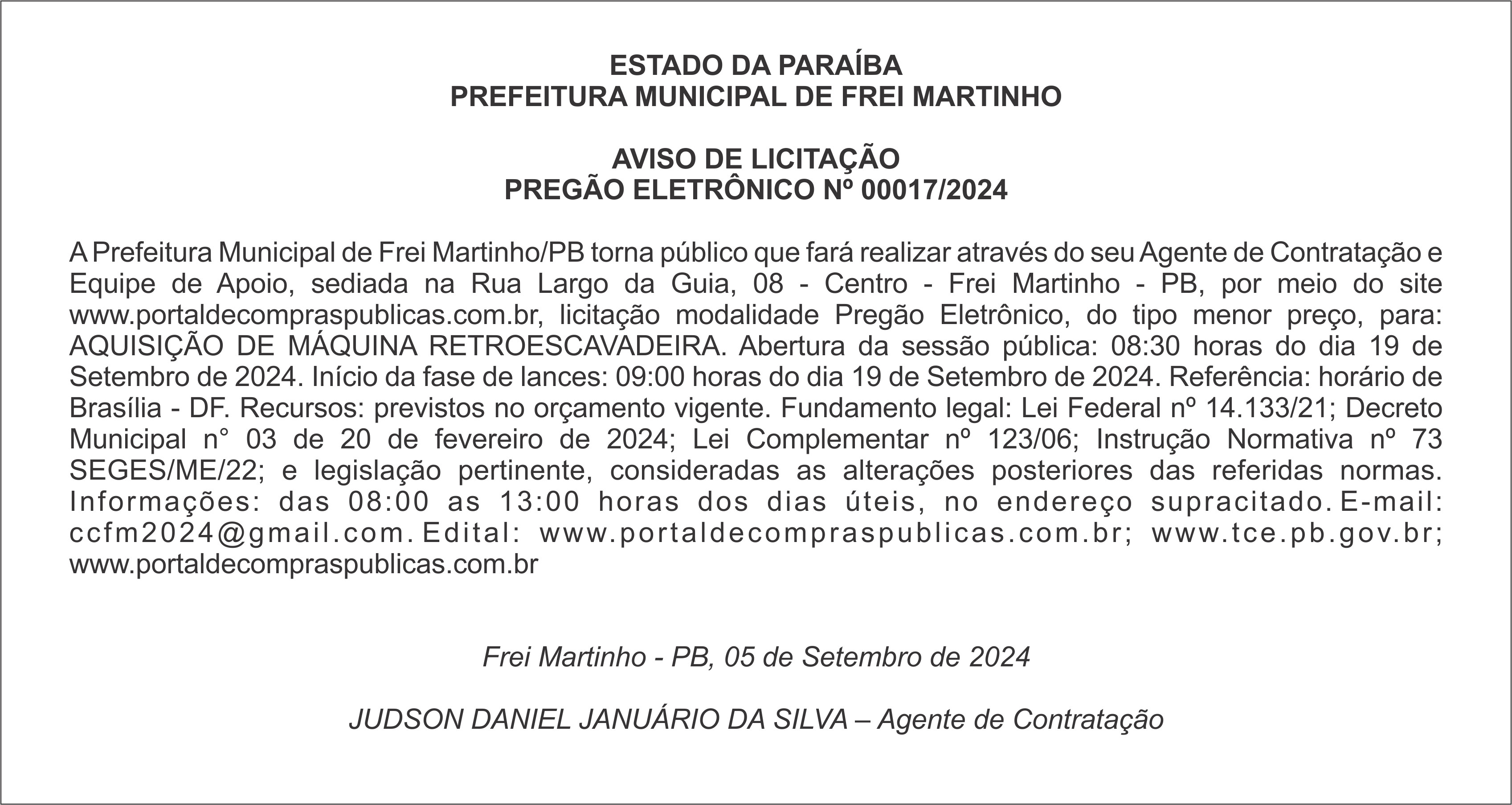 PREFEITURA MUNICIPAL DE FREI MARTINHO – AVISO DE LICITAÇÃO – PREGÃO ELETRÔNICO Nº 00017/2024