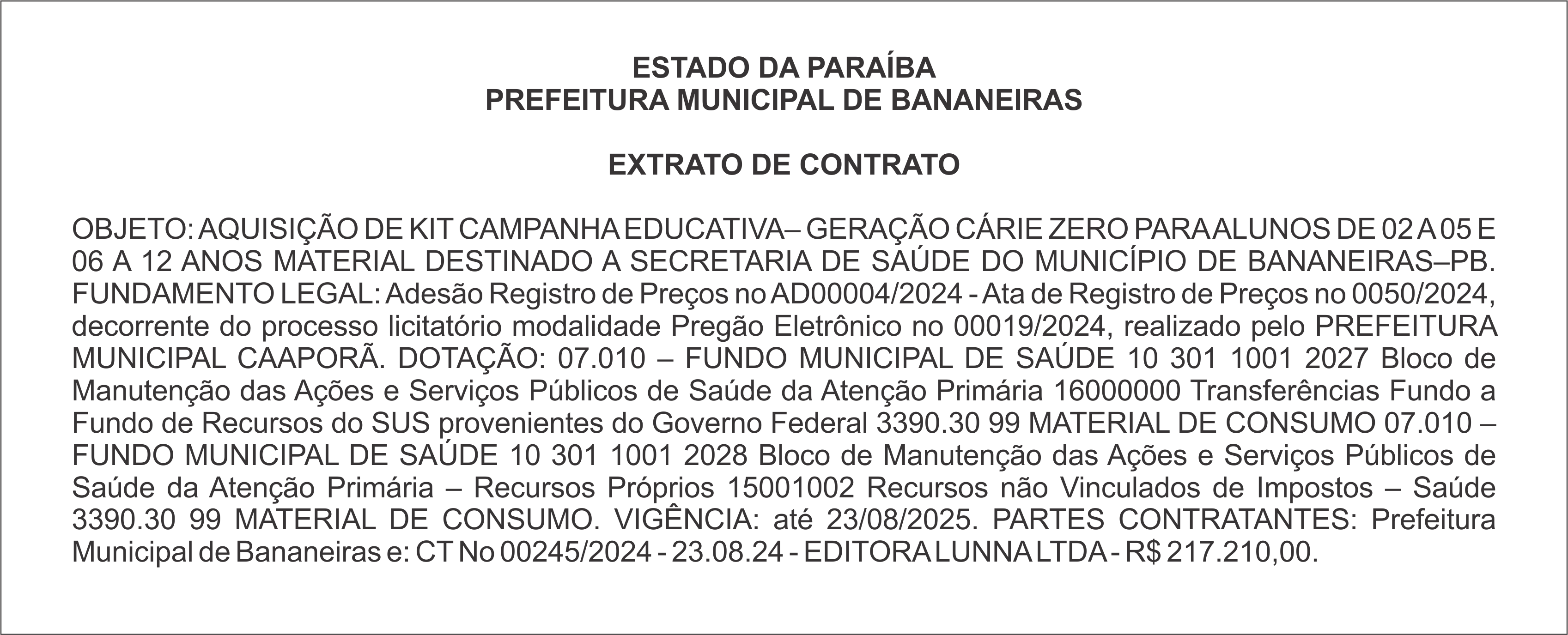 PREFEITURA MUNICIPAL DE BANANEIRAS – EXTRATO DE CONTRATO