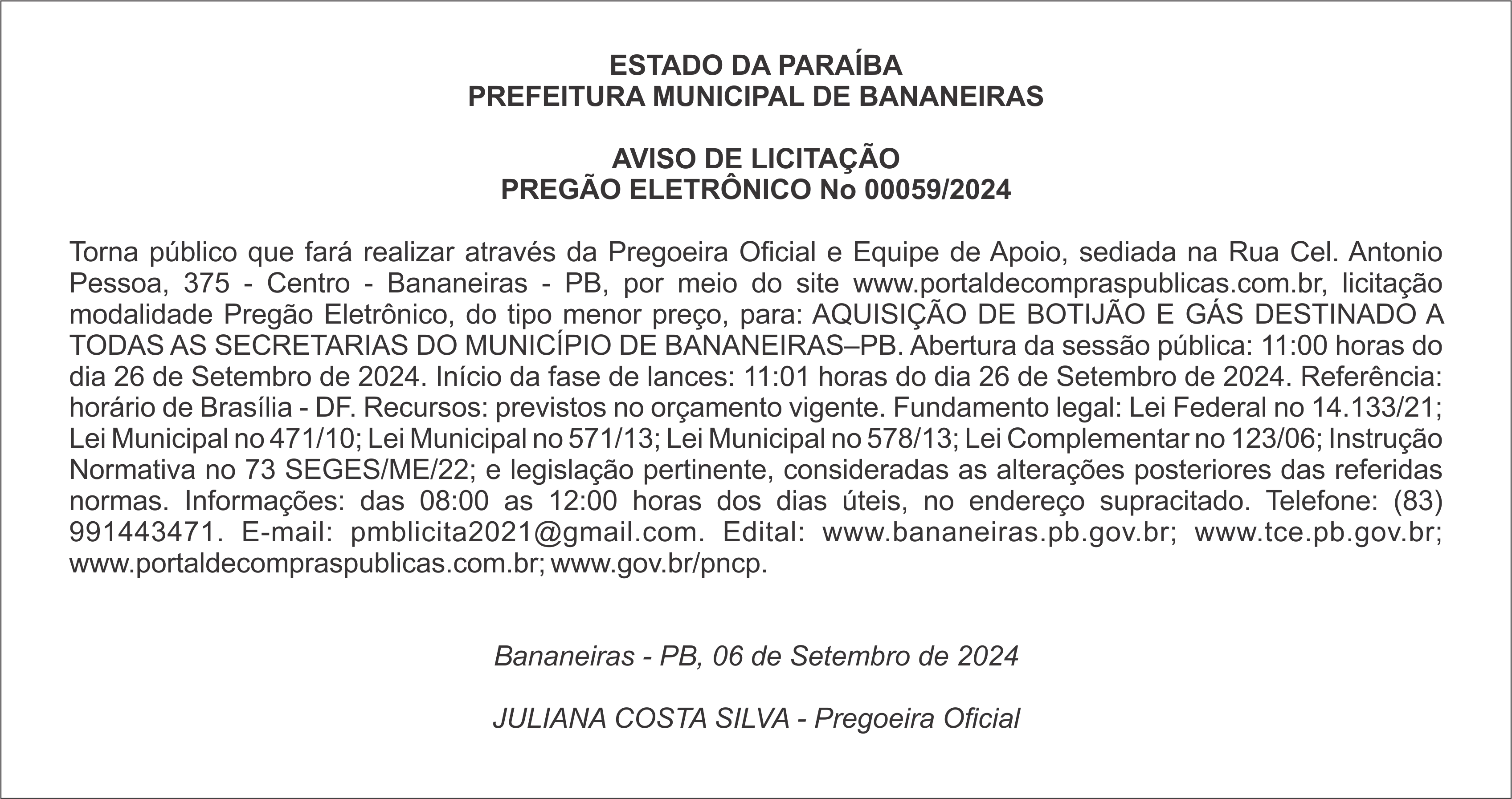 PREFEITURA MUNICIPAL DE BANANEIRAS – AVISO DE LICITAÇÃO – PREGÃO ELETRÔNICO No 00059/2024