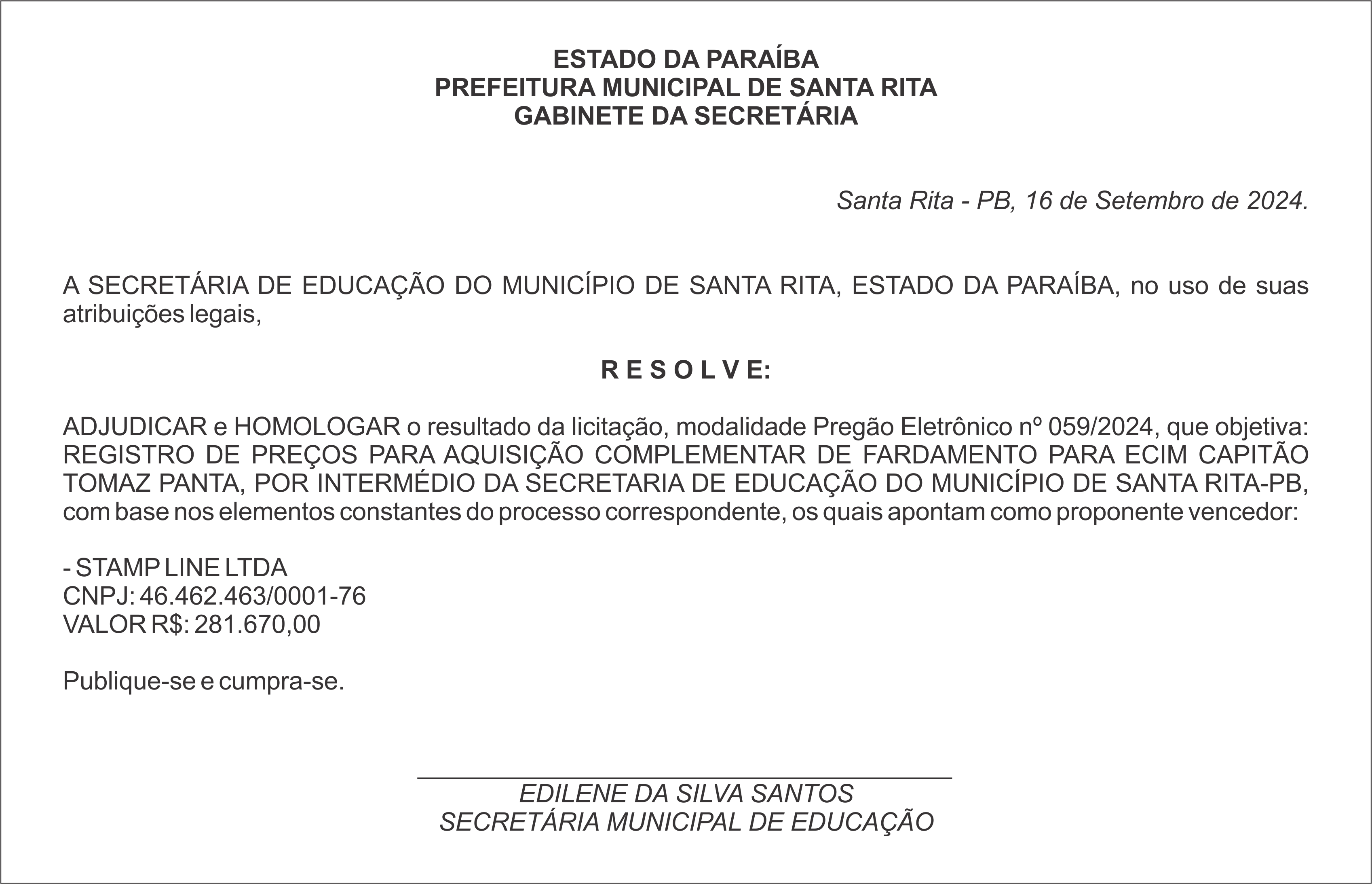 PREFEITURA MUNICIPAL DE SANTA RITA – ADJUDICAÇÃO e HOMOLOGAÇÃO – Pregão Eletrônico nº 059/2024