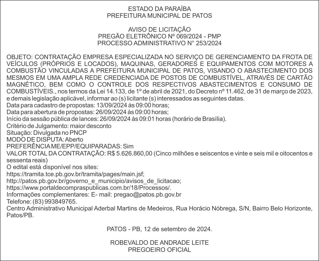 PREFEITURA MUNICIPAL DE PATOS – AVISO DE LICITAÇÃO – PREGÃO ELETRÔNICO Nº 069/2024