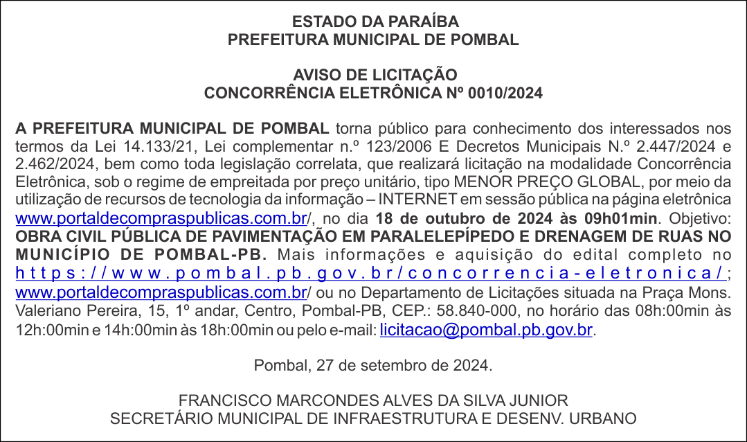 PREFEITURA MUNICIPAL DE POMBAL – AVISO DE LICITAÇÃO – CONCORRÊNCIA ELETRÔNICA Nº 0010/2024