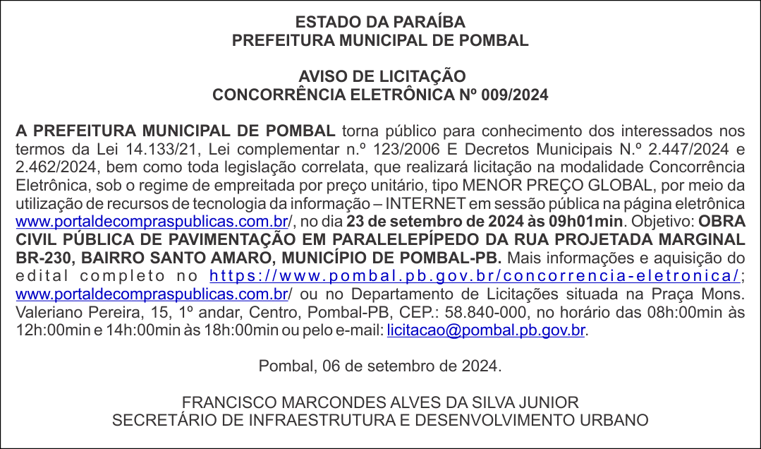 PREFEITURA MUNICIPAL DE POMBAL – AVISO DE LICITAÇÃO – CONCORRÊNCIA ELETRÔNICA Nº 009/2024