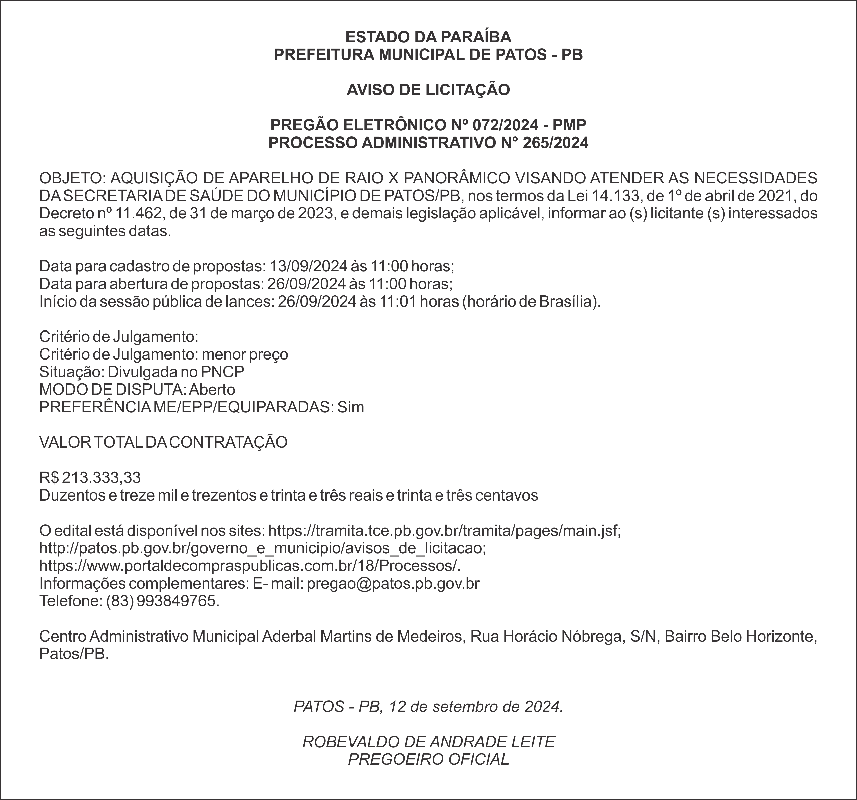 PREFEITURA MUNICIPAL DE PATOS – AVISO DE LICITAÇÃO – PREGÃO ELETRÔNICO Nº 072/2024