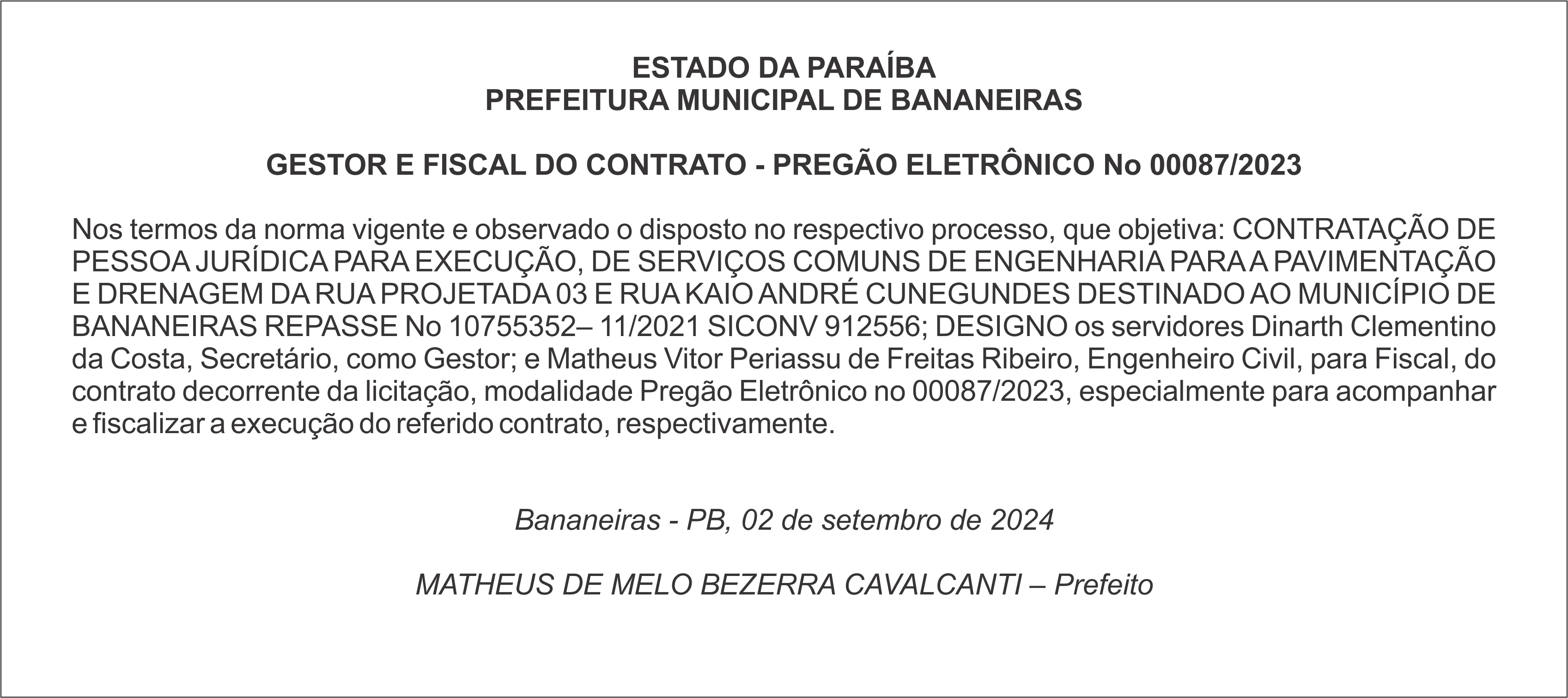 PREFEITURA MUNICIPAL DE BANANEIRAS – GESTOR E FISCAL DO CONTRATO – PREGÃO ELETRÔNICO No 00087/2023