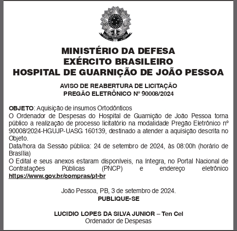 HOSPITAL DE GUARNIÇÃO DE JOÃO PESSOA – PREGÃO ELETRÔNICO No 90008/2024