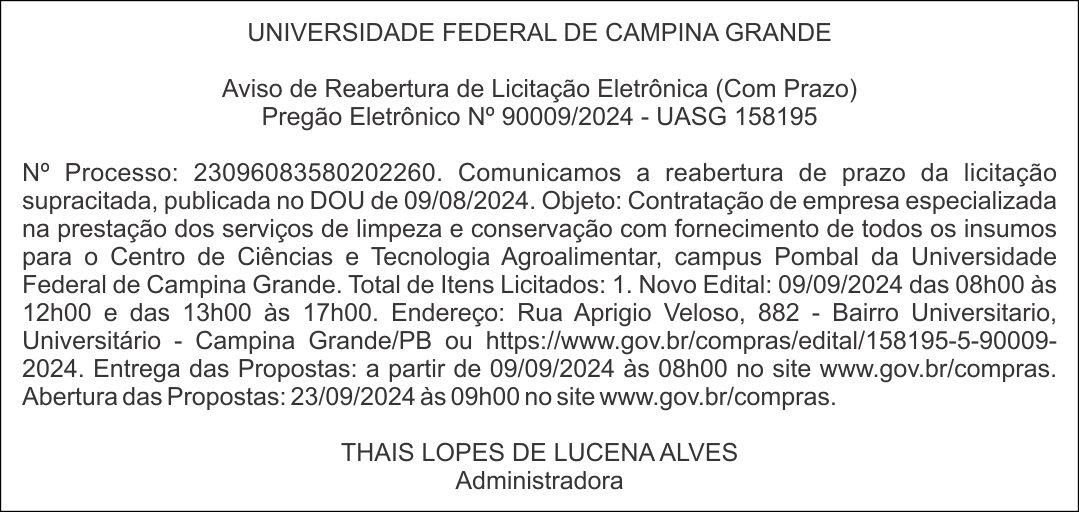 UNIVERSIDADE FEDERAL DE CAMPINA GRANDE – Aviso de Reabertura de Licitação Eletrônica – Pregão Eletrônico Nº 90009/2024