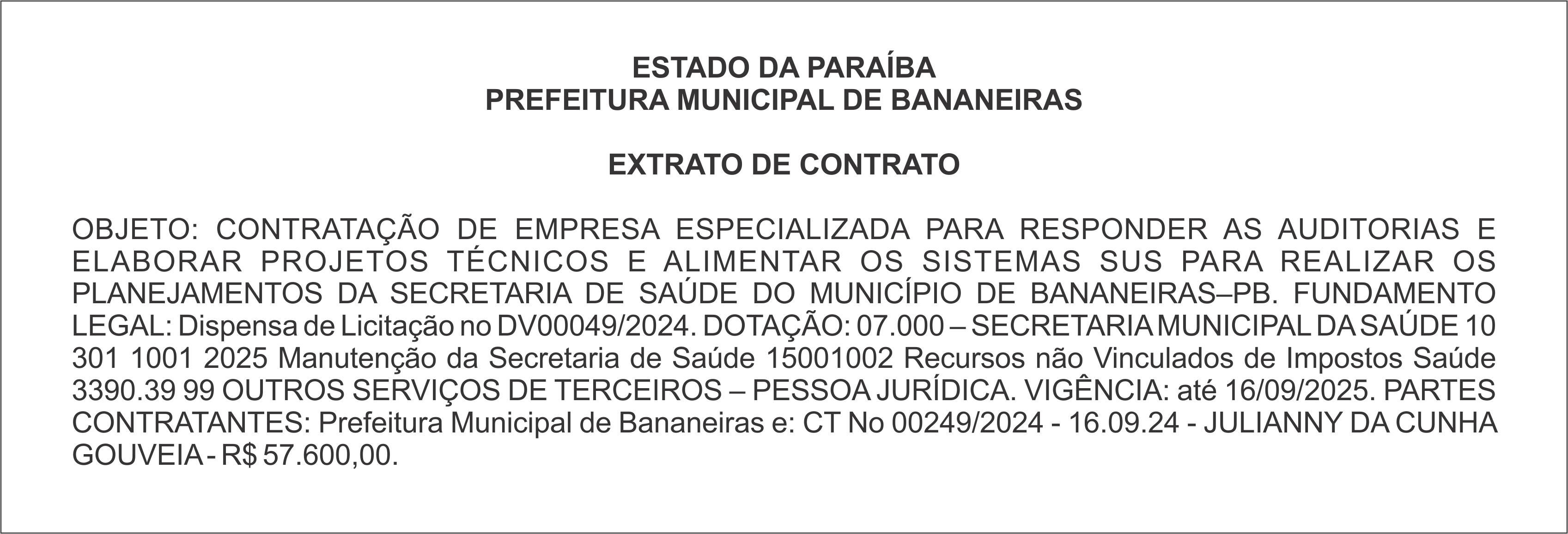 PREFEITURA MUNICIPAL DE BANANEIRAS – EXTRATO DE CONTRATO