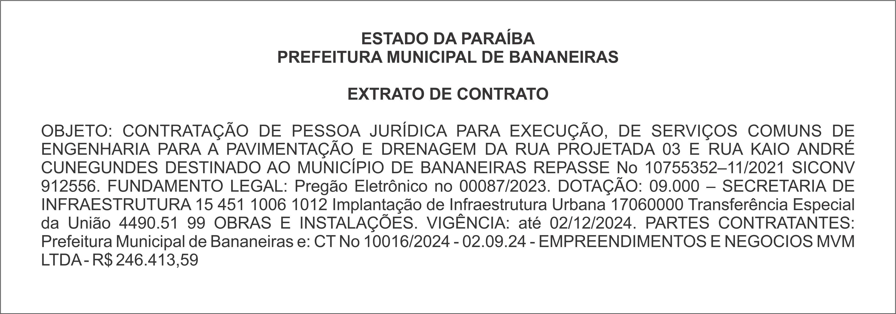 PREFEITURA MUNICIPAL DE BANANEIRAS – EXTRATO DE CONTRATO