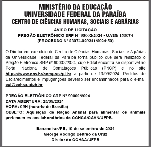 UNIVERSIDADE FEDERAL DA PARAÍBA – PREGÃO ELETRÔNICO SRP No 90002/2024 – UASG 153074