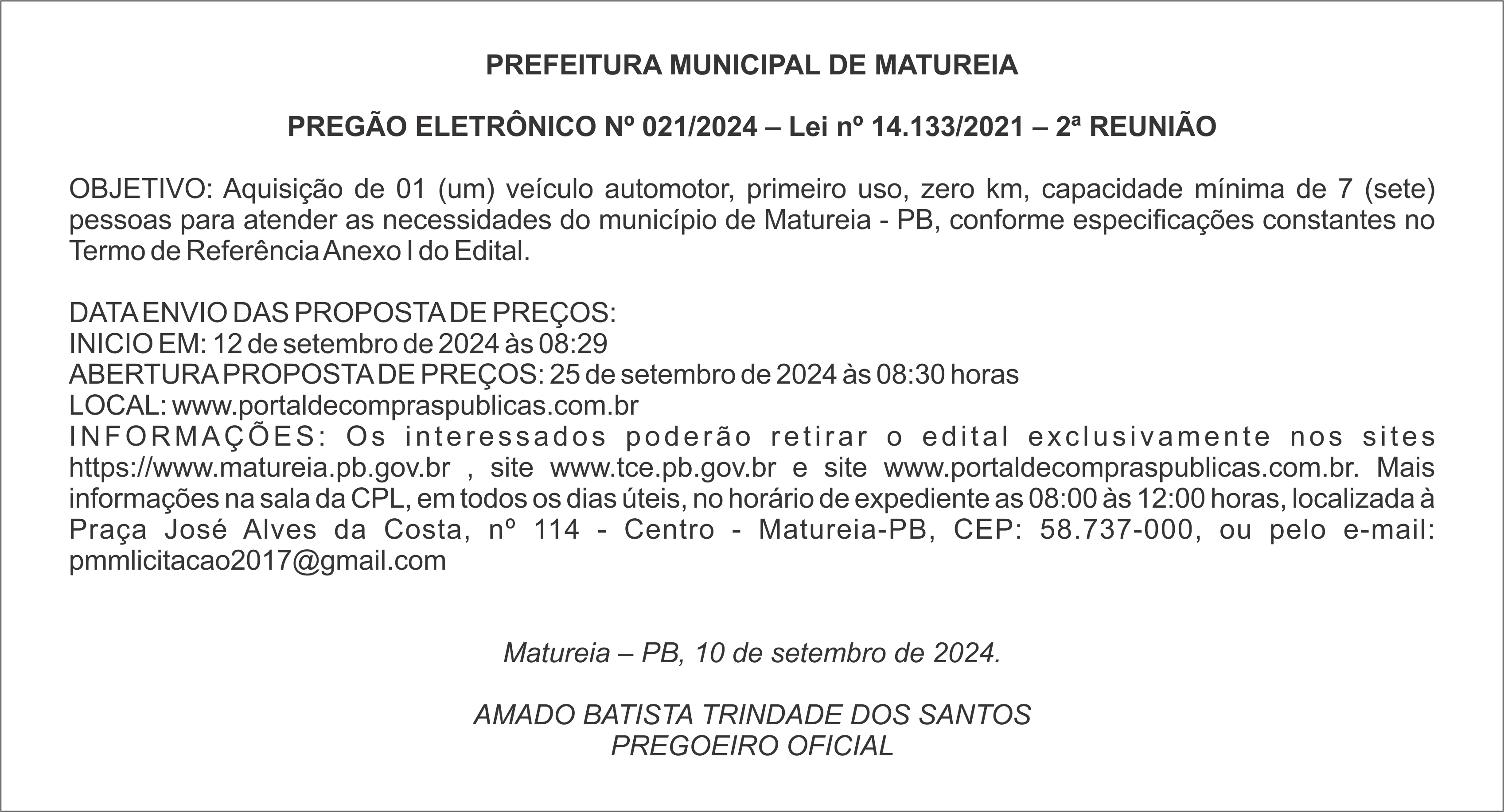 PREFEITURA MUNICIPAL DE MATUREIA – PREGÃO ELETRÔNICO Nº 021/2024 – 2ª REUNIÃO
