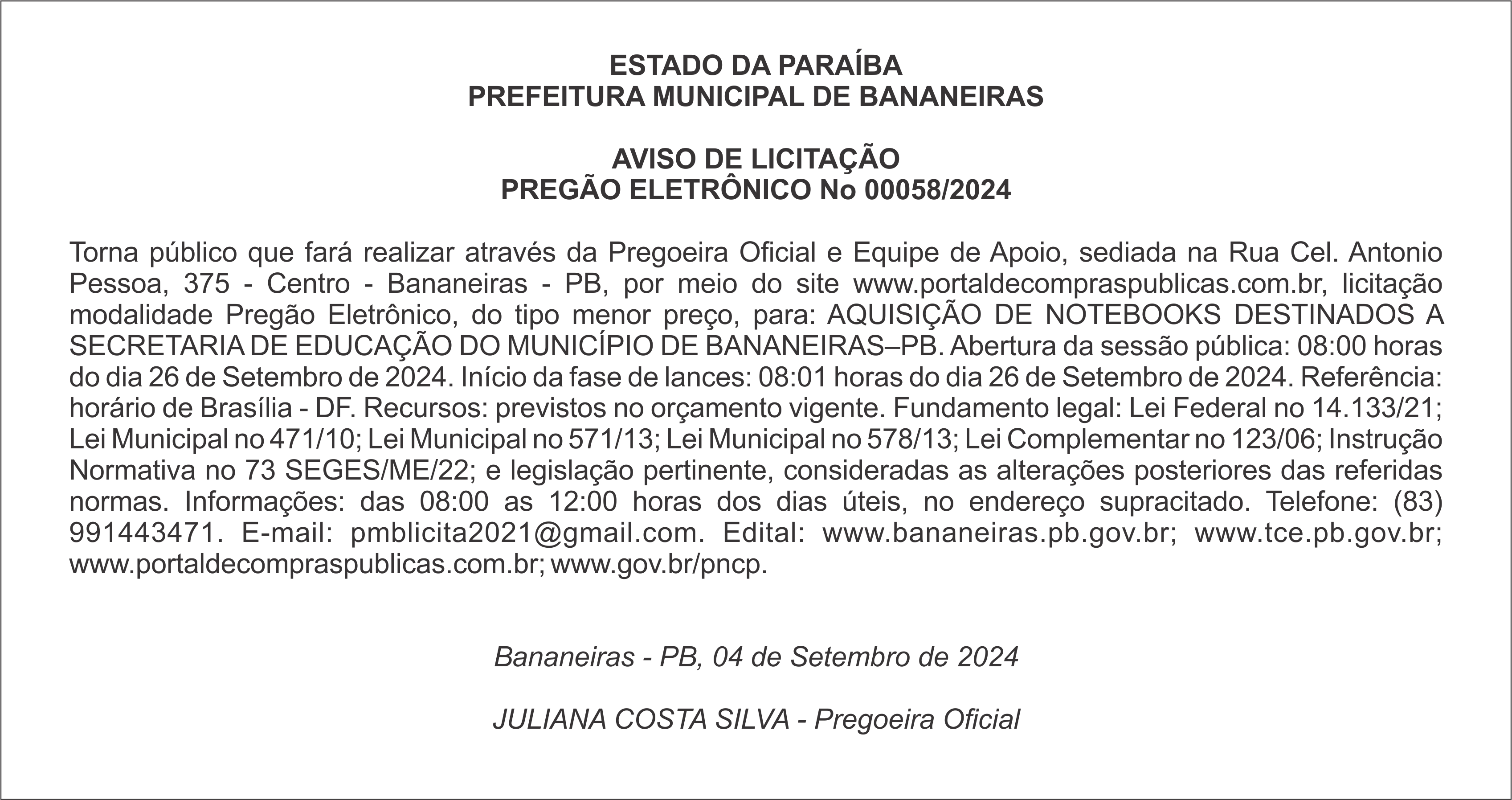 PREFEITURA MUNICIPAL DE BANANEIRAS – AVISO DE LICITAÇÃO – PREGÃO ELETRÔNICO No 00058/2024