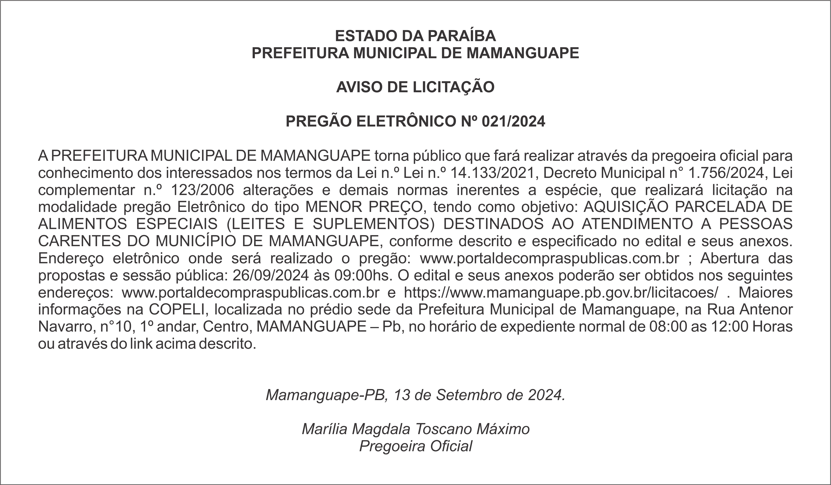 PREFEITURA MUNICIPAL DE MAMANGUAPE – AVISO DE LICITAÇÃO – PREGÃO ELETRÔNICO Nº 021/2024