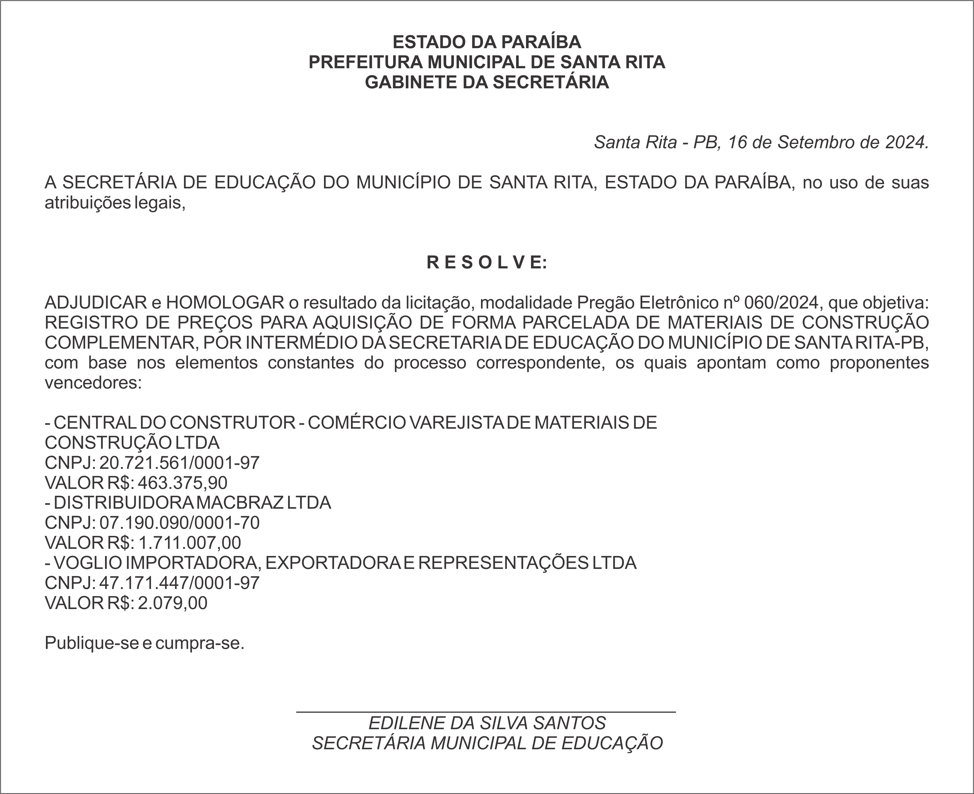 PREFEITURA MUNICIPAL DE SANTA RITA – ADJUDICAÇÃO e HOMOLOGAÇÃO – Pregão Eletrônico nº 060/2024