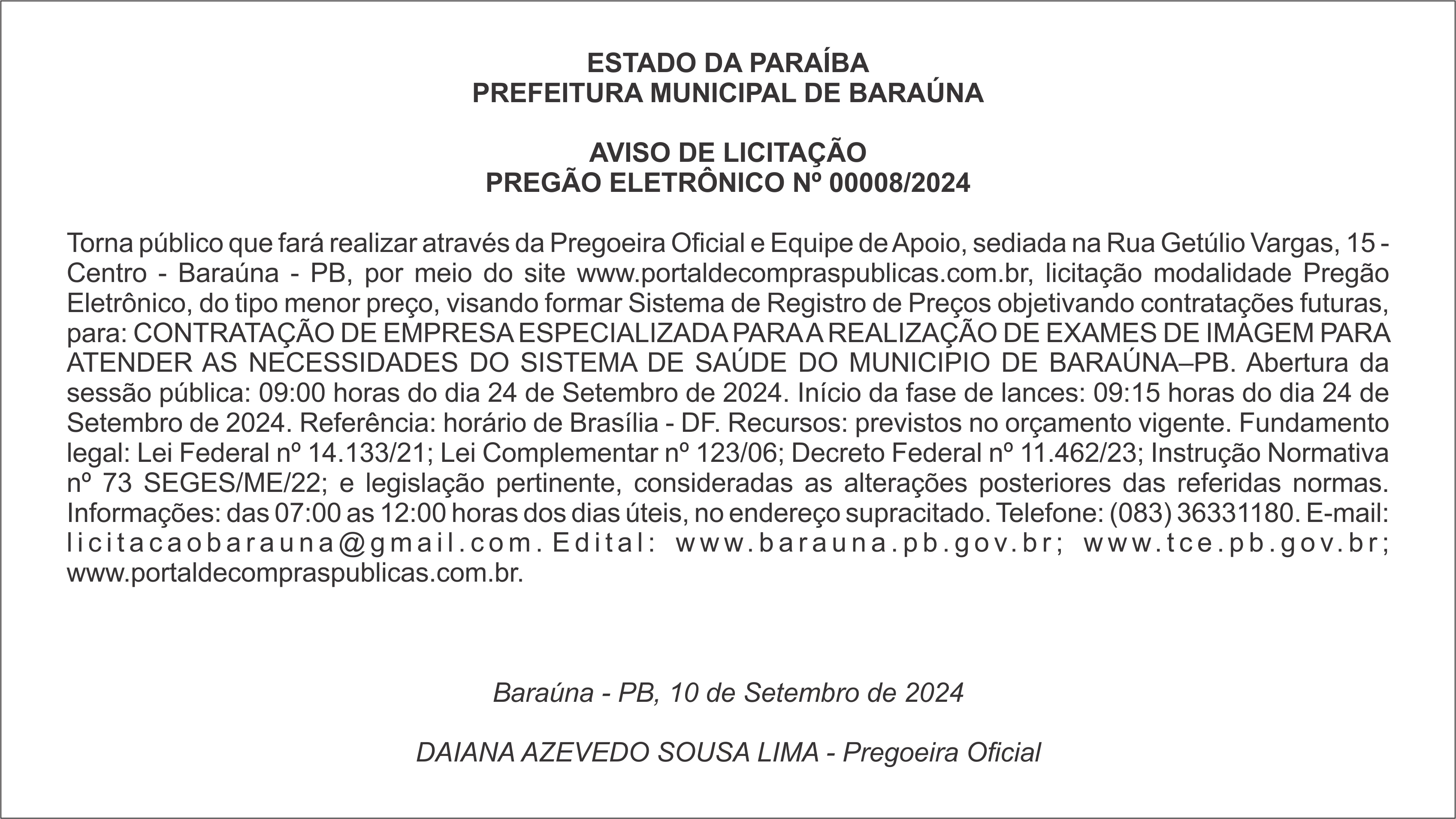 PREFEITURA MUNICIPAL DE BARAÚNA – AVISO DE LICITAÇÃO – PREGÃO ELETRÔNICO Nº 00008/2024