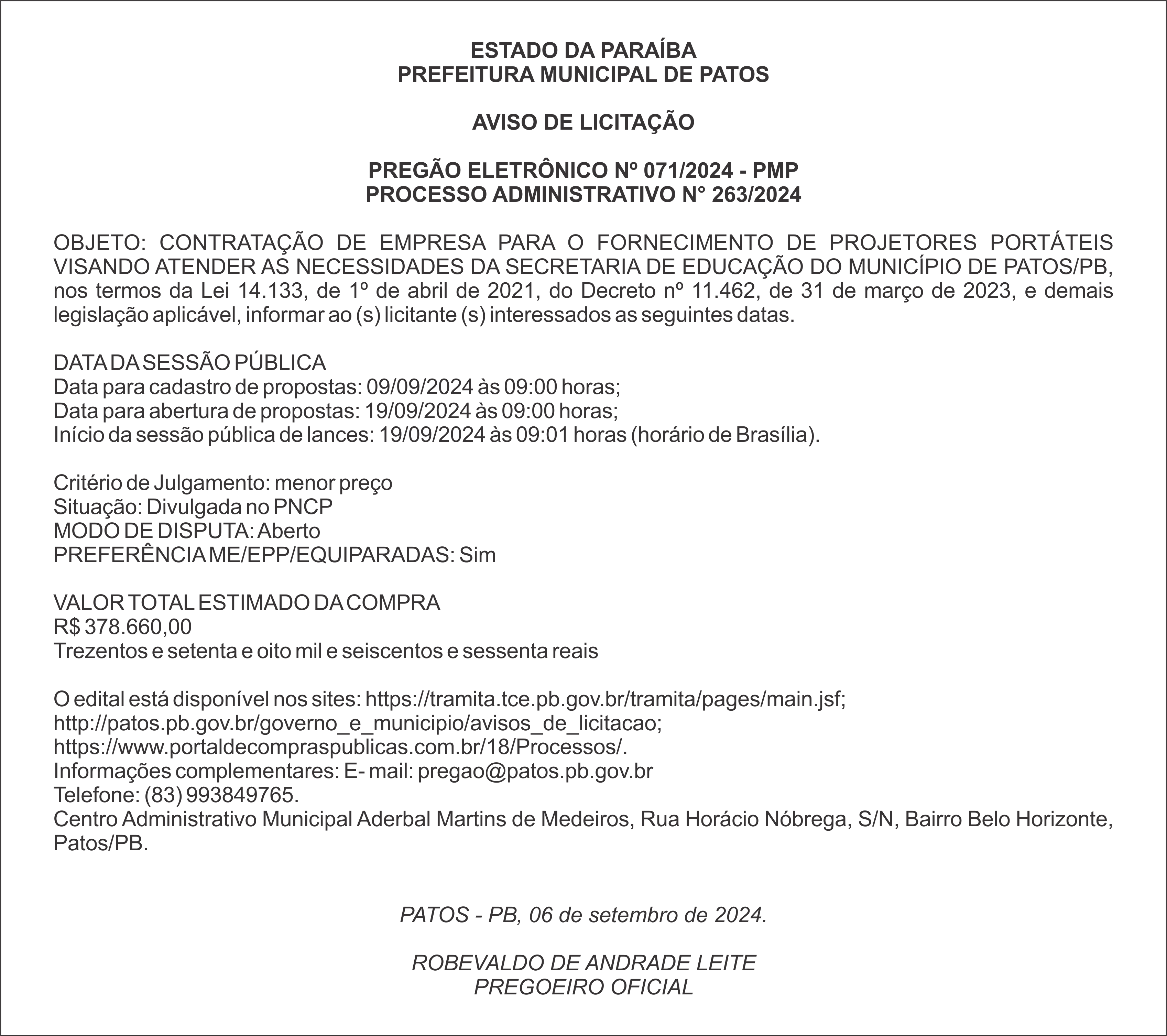 PREFEITURA MUNICIPAL DE PATOS – PB – AVISO DE LICITAÇÃO – PREGÃO ELETRÔNICO Nº 071/2024
