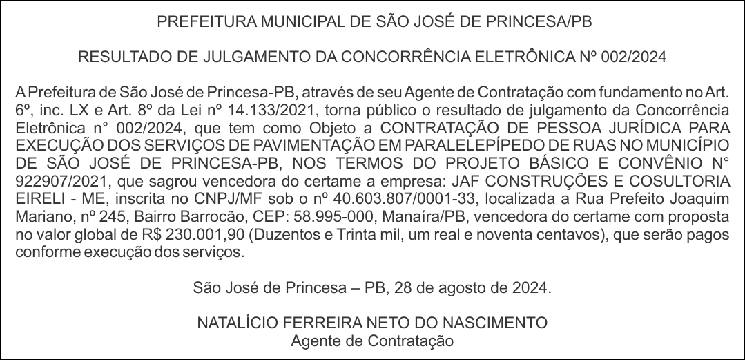 PREFEITURA MUNICIPAL DE SÃO JOSÉ DE PRINCESA/PB – RESULTADO DE JULGAMENTO DA CONCORRÊNCIA ELETRÔNICA Nº 002/2024