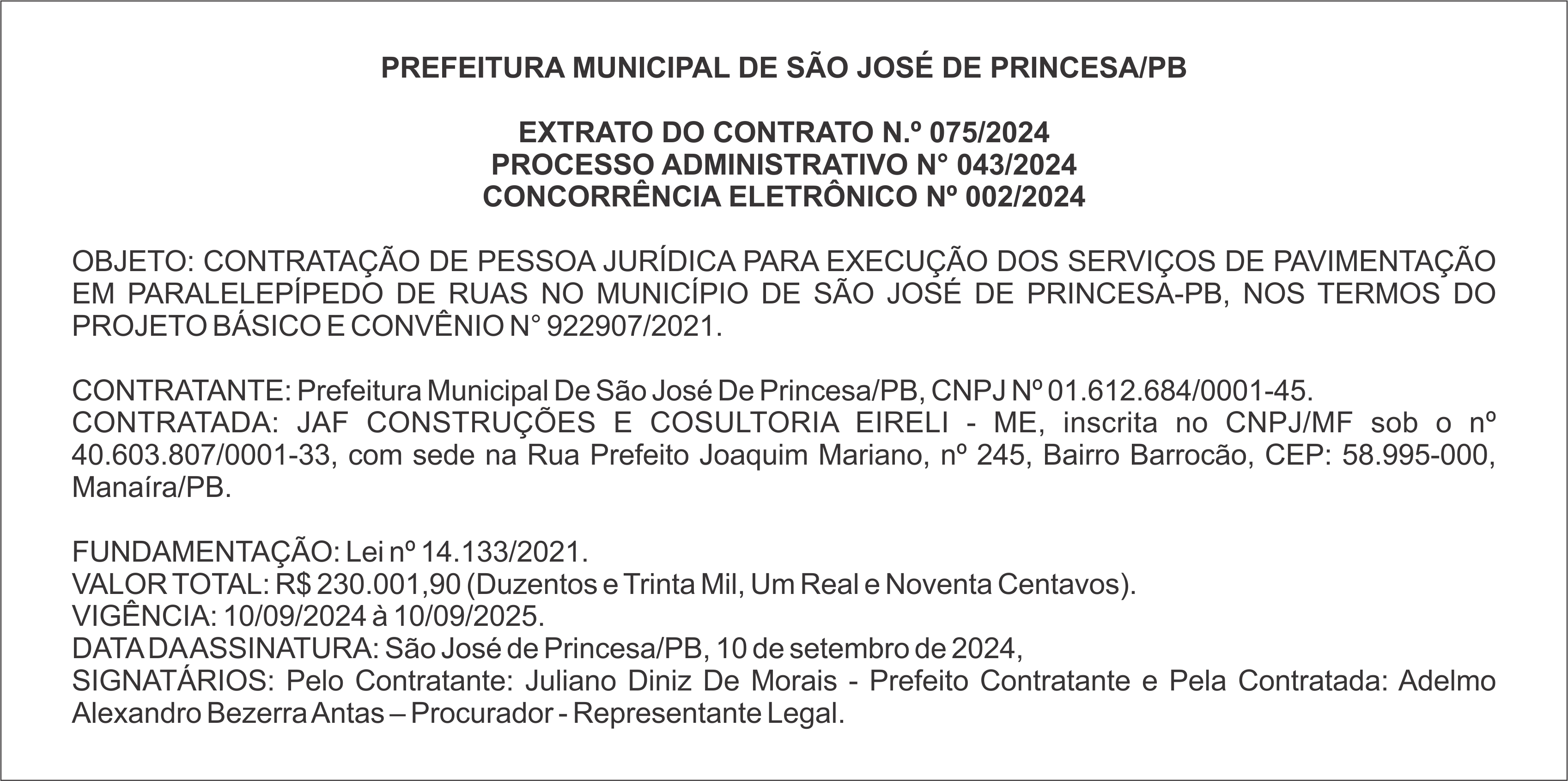 PREFEITURA MUNICIPAL DE SÃO JOSÉ DE PRINCESA/PB – EXTRATO DO CONTRATO N.º 075/2024 – CONCORRÊNCIA ELETRÔNICO Nº 002/2024