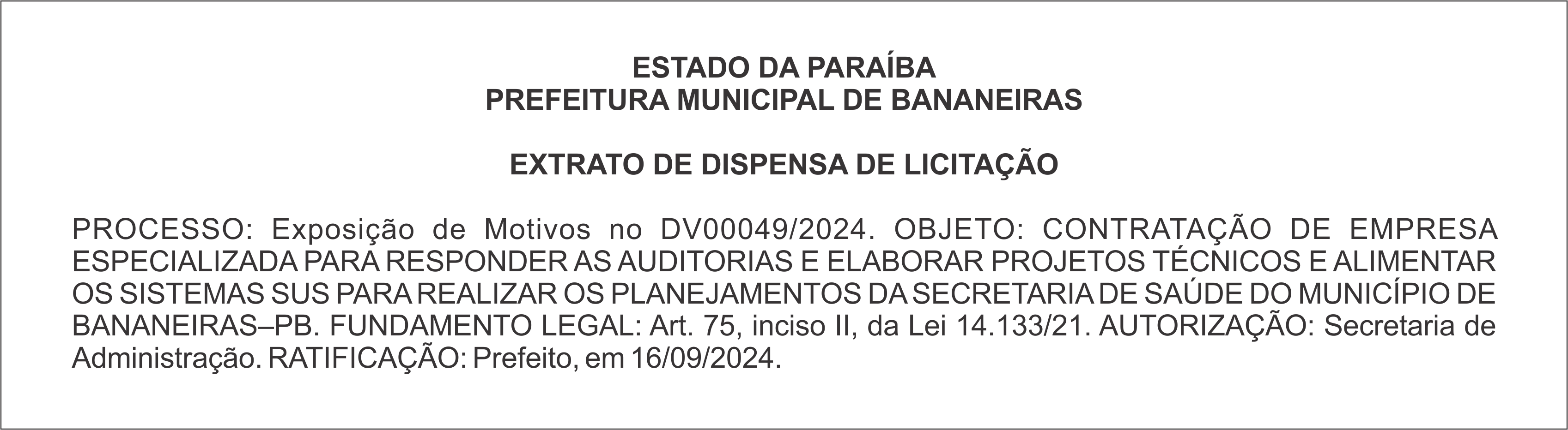 PREFEITURA MUNICIPAL DE BANANEIRAS – EXTRATO DE DISPENSA DE LICITAÇÃO