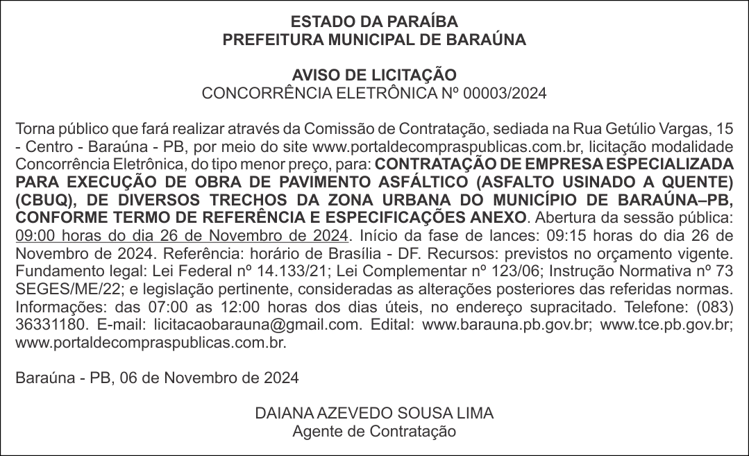 PREFEITURA MUNICIPAL DE BARAÚNA – AVISO DE LICITAÇÃO – CONCORRÊNCIA ELETRÔNICA Nº 00003/2024