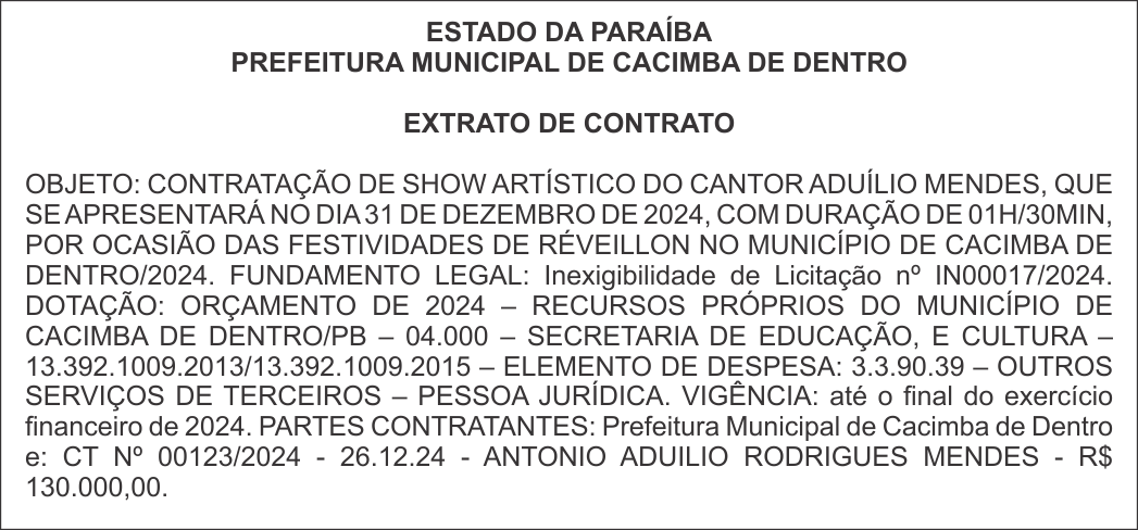 PREFEITURA MUNICIPAL DE CACIMBA DE DENTRO – EXTRATO DE CONTRATO