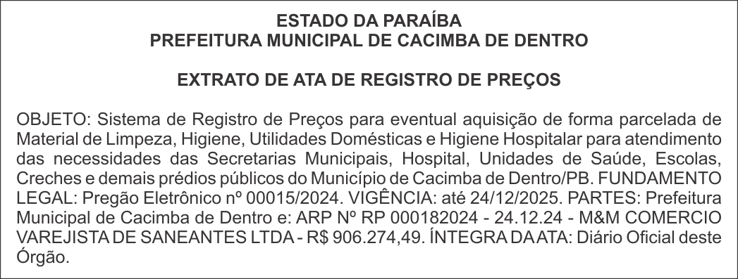 PREFEITURA MUNICIPAL DE CACIMBA DE DENTRO – EXTRATO DE ATA DE REGISTRO DE PREÇOS
