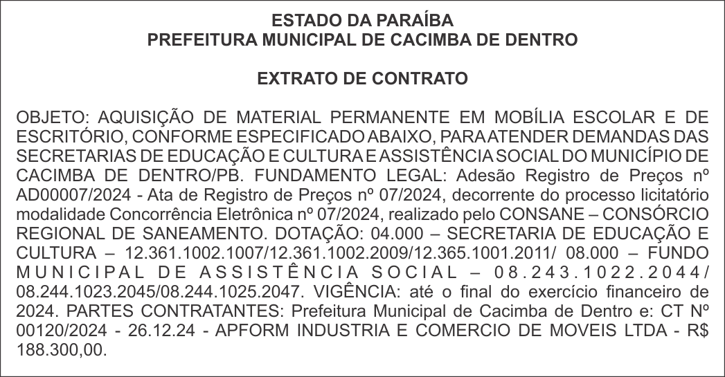 PREFEITURA MUNICIPAL DE CACIMBA DE DENTRO – EXTRATO DE CONTRATO