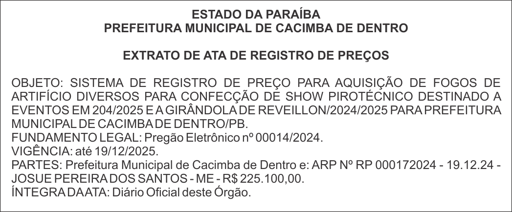 PREFEITURA MUNICIPAL DE CACIMBA DE DENTRO – EXTRATO DE ATA DE REGISTRO DE PREÇOS