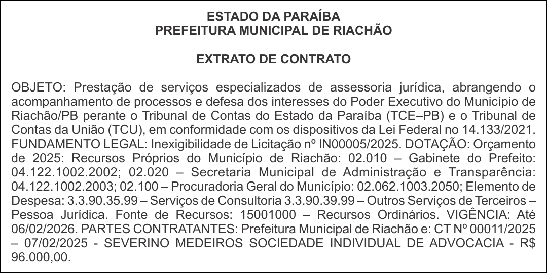 PREFEITURA MUNICIPAL DE RIACHÃO – EXTRATO DE CONTRATO