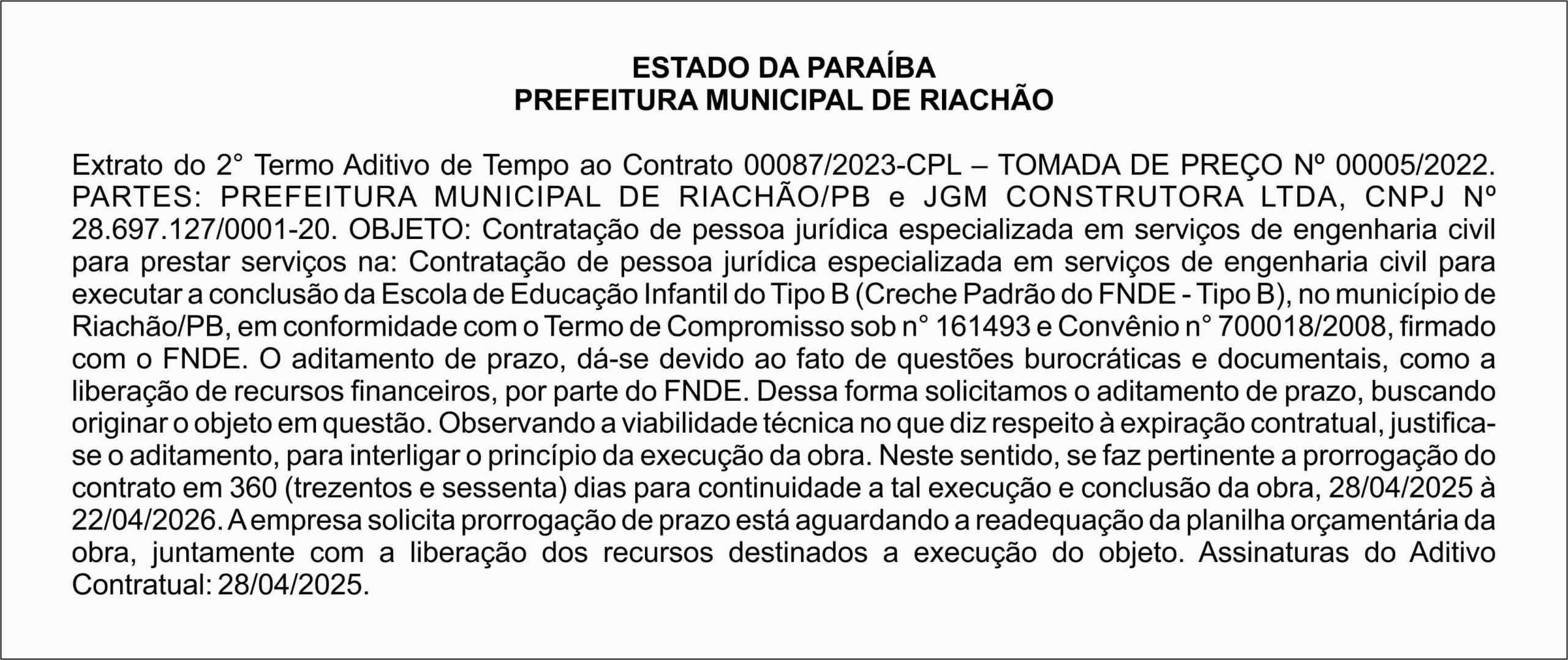 PREFEITURA MUNICIPAL DE RIACHÃO – Extrato do 2° Termo Aditivo de Tempo ao Contrato 00087/2023-CPL – TOMADA DE PREÇO Nº 00005/2022