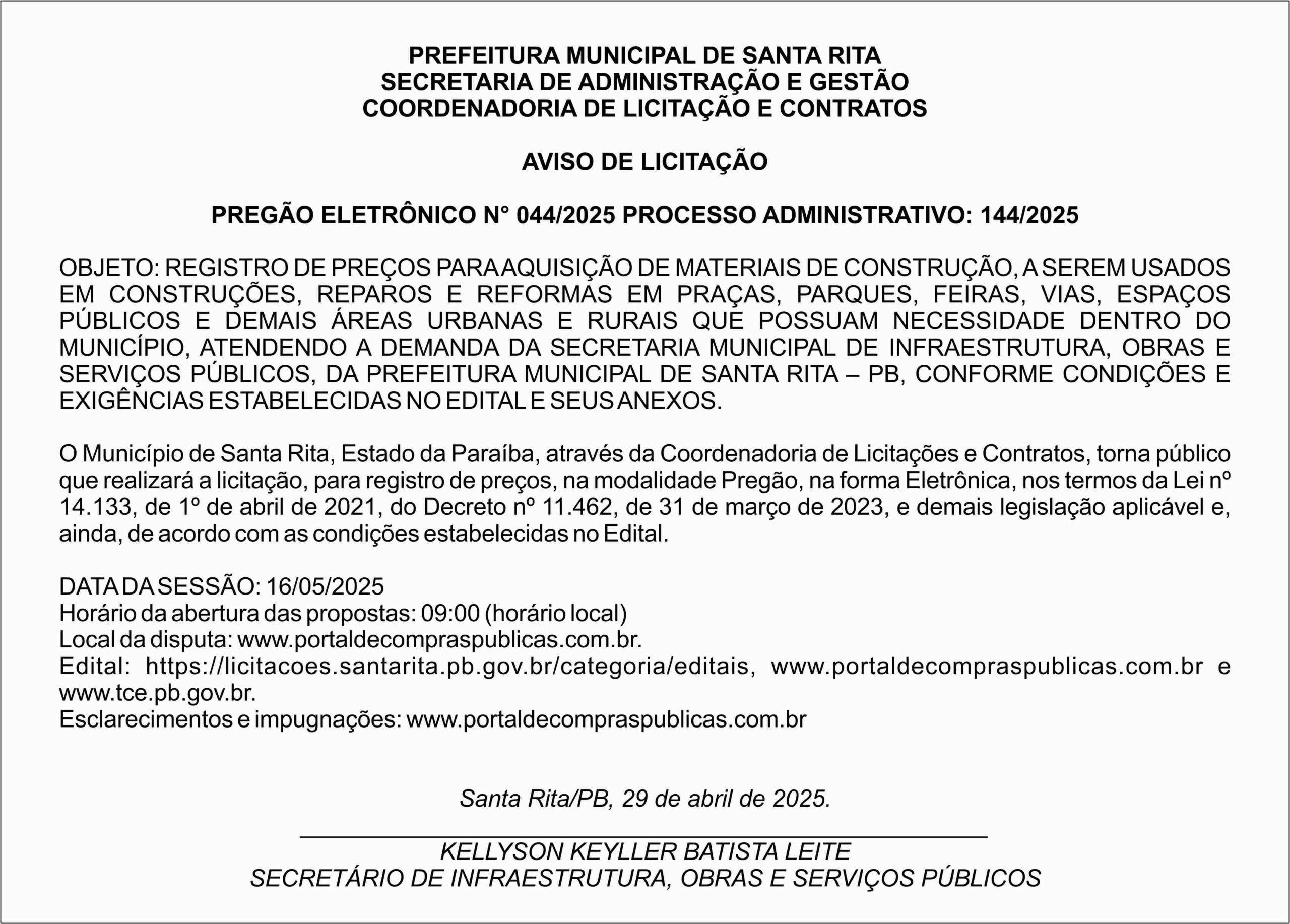 PREFEITURA MUNICIPAL DE SANTA RITA – AVISO DE LICITAÇÃO – PREGÃO ELETRÔNICO N° 044/2025