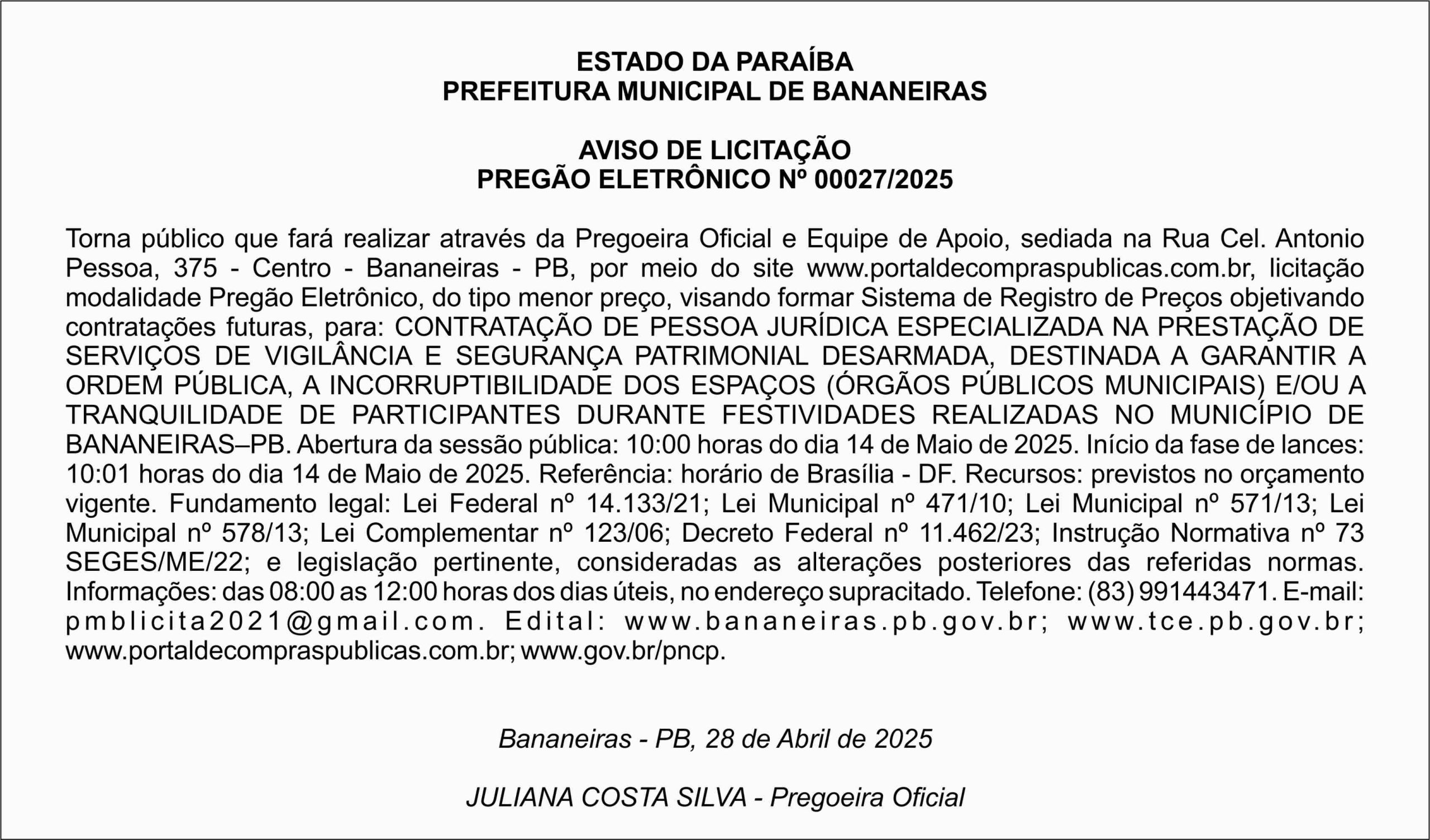 PREFEITURA MUNICIPAL DE BANANEIRAS – AVISO DE LICITAÇÃO – PREGÃO ELETRÔNICO Nº 00027/2025