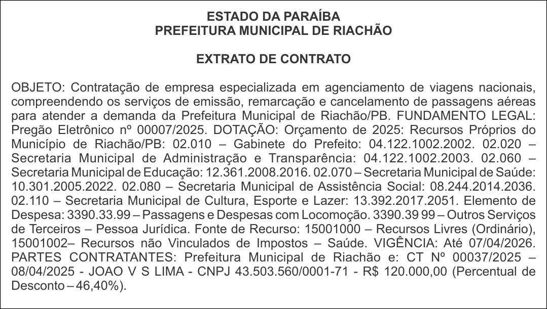 PREFEITURA MUNICIPAL DE RIACHÃO – EXTRATO DE CONTRATO