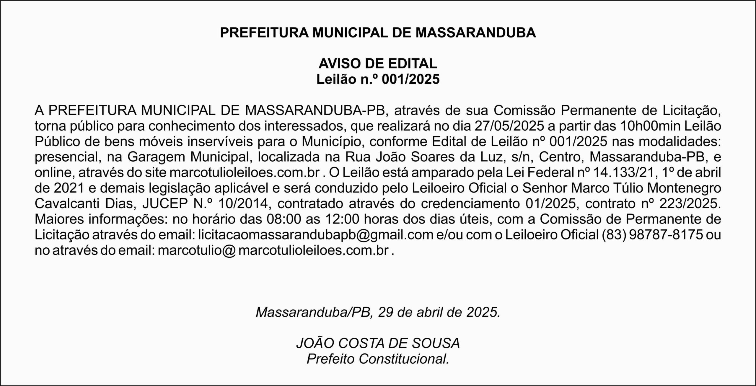 PREFEITURA MUNICIPAL DE MASSARANDUBA – AVISO DE EDITAL – Leilão n.º 001/2025