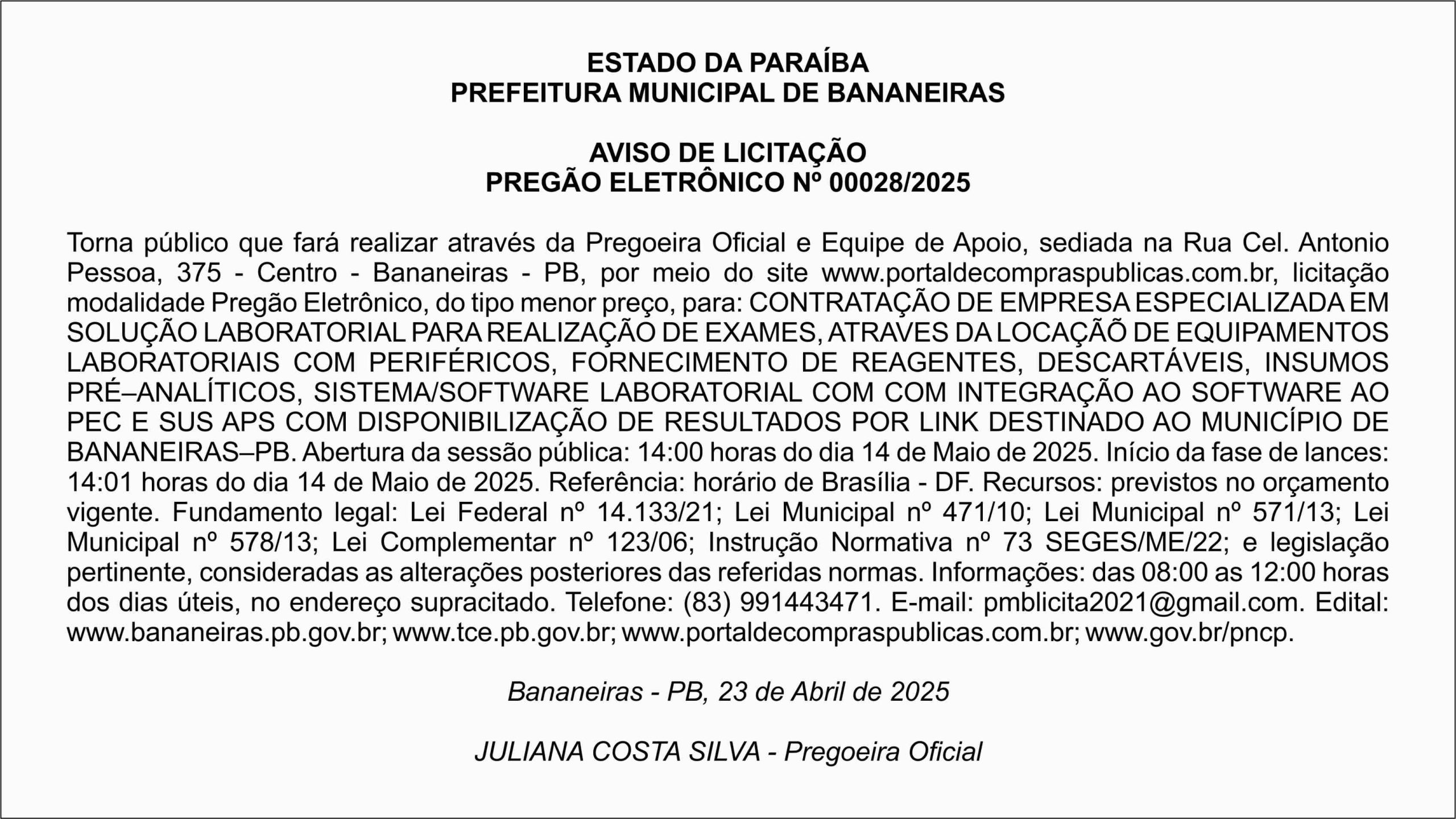 PREFEITURA MUNICIPAL DE BANANEIRAS – AVISO DE LICITAÇÃO – PREGÃO ELETRÔNICO Nº 00028/2025