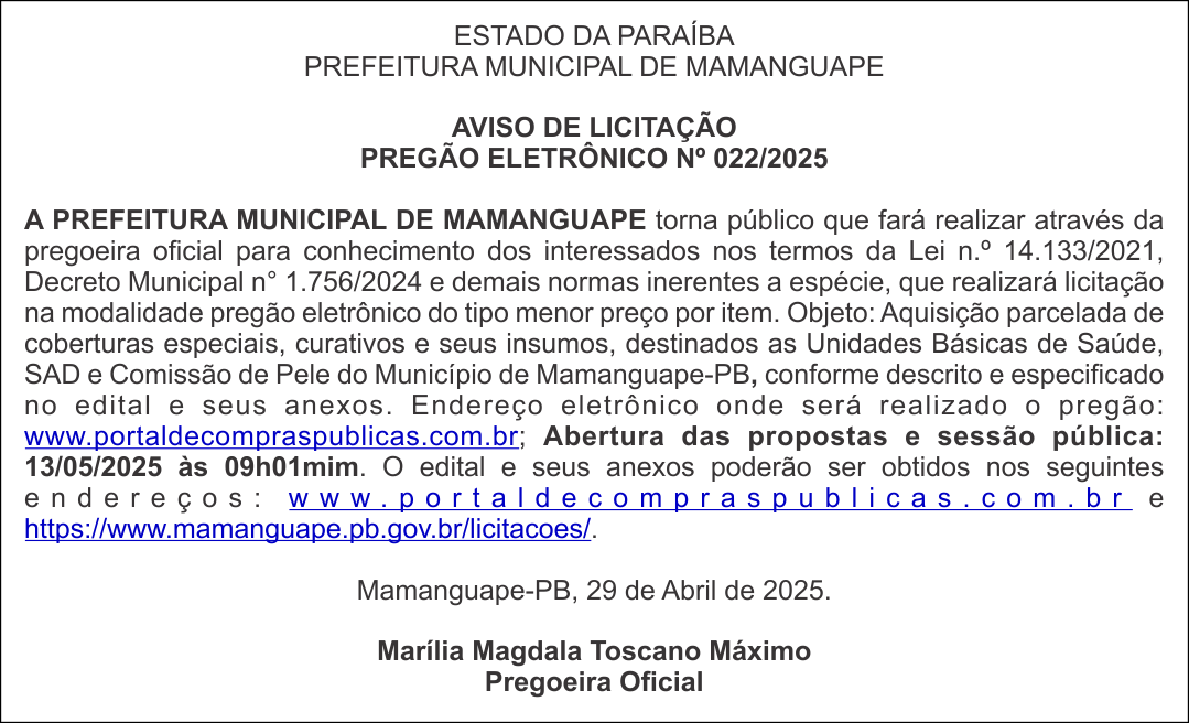 PREFEITURA MUNICIPAL DE MAMANGUAPE – AVISO DE LICITAÇÃO – PREGÃO ELETRÔNICO Nº 022/2025