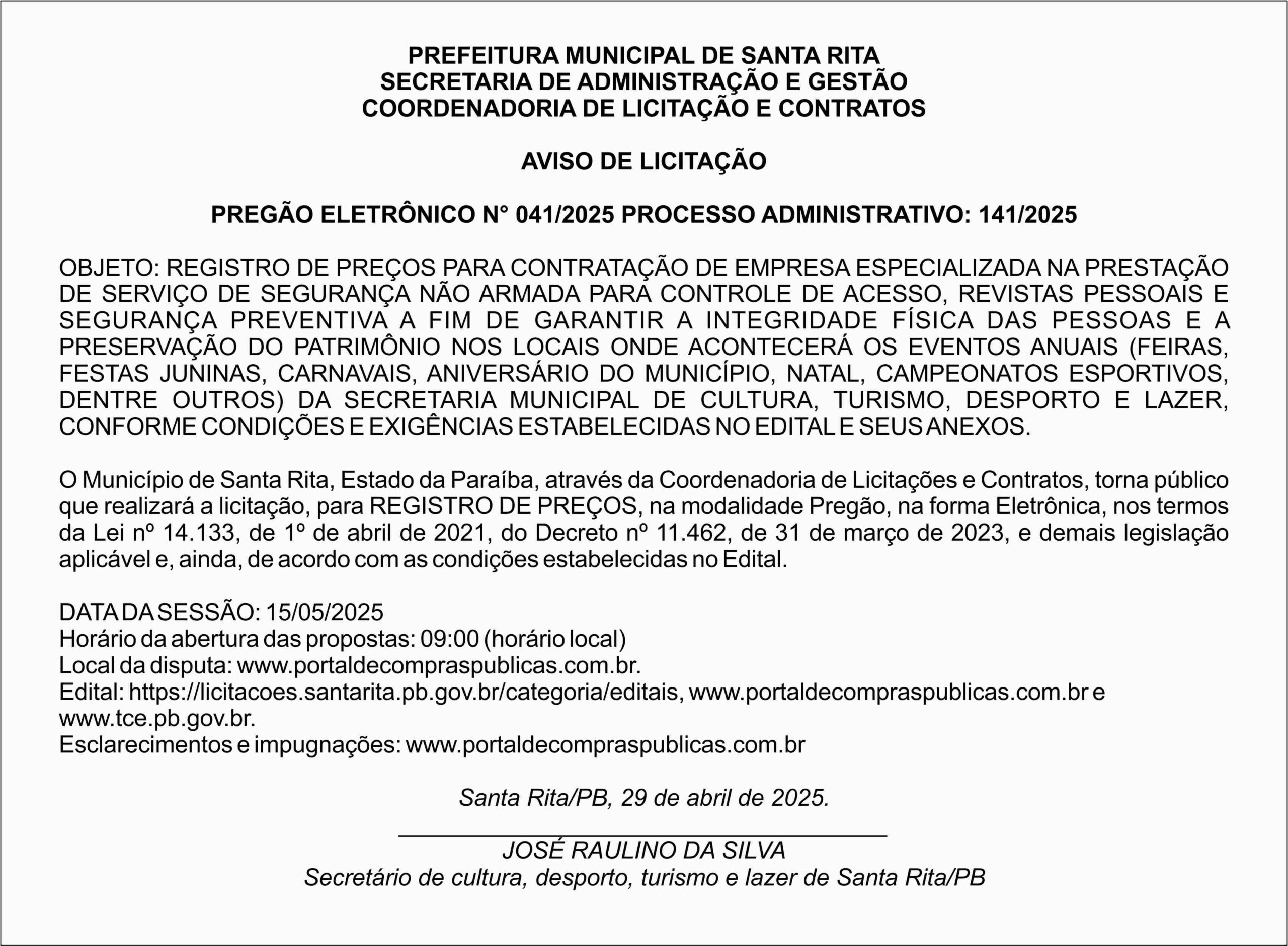 PREFEITURA MUNICIPAL DE SANTA RITA – AVISO DE LICITAÇÃO – PREGÃO ELETRÔNICO N° 041/2025