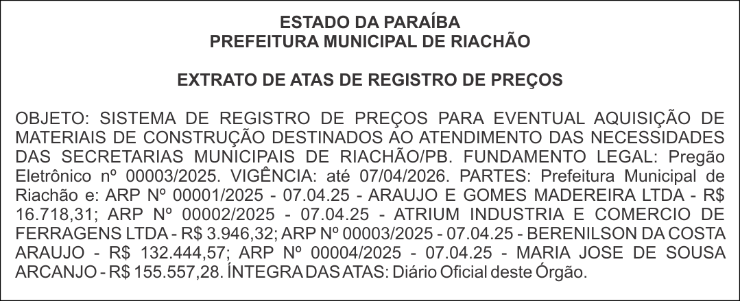 PREFEITURA MUNICIPAL DE RIACHÃO – EXTRATO DE ATAS DE REGISTRO DE PREÇOS