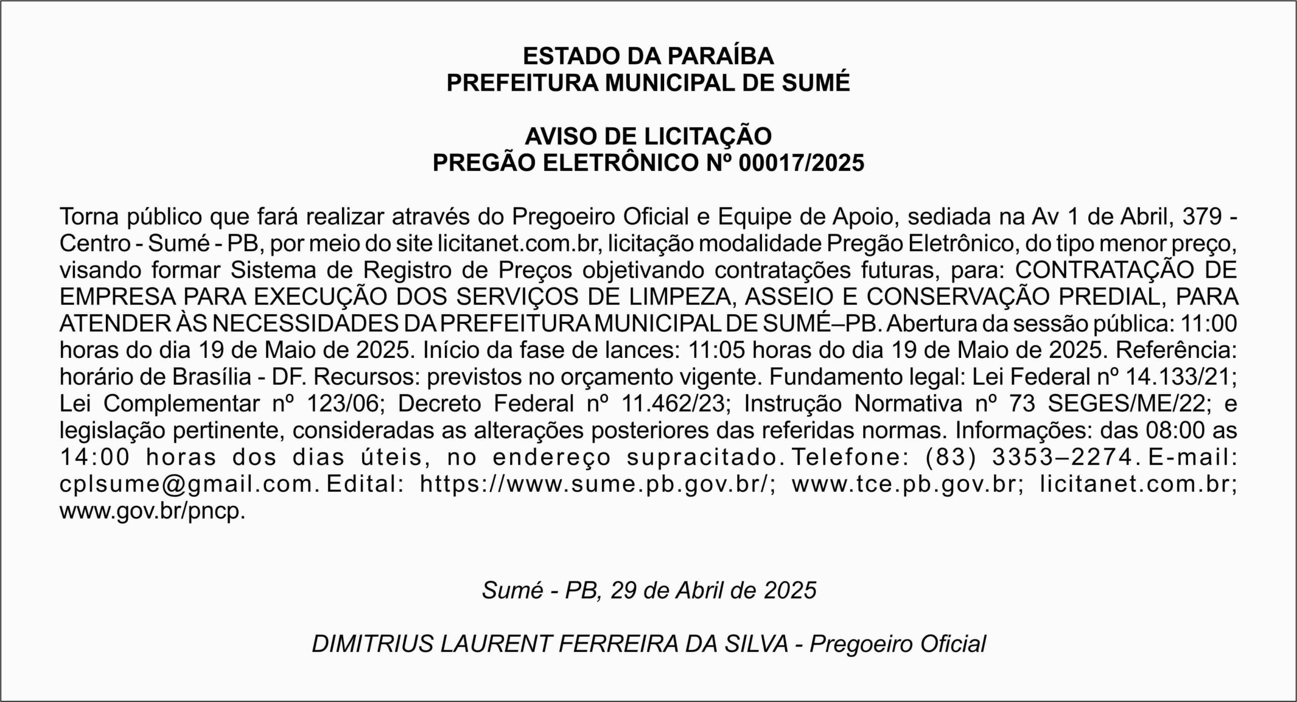 PREFEITURA MUNICIPAL DE SUMÉ – AVISO DE LICITAÇÃO – PREGÃO ELETRÔNICO Nº 00017/2025