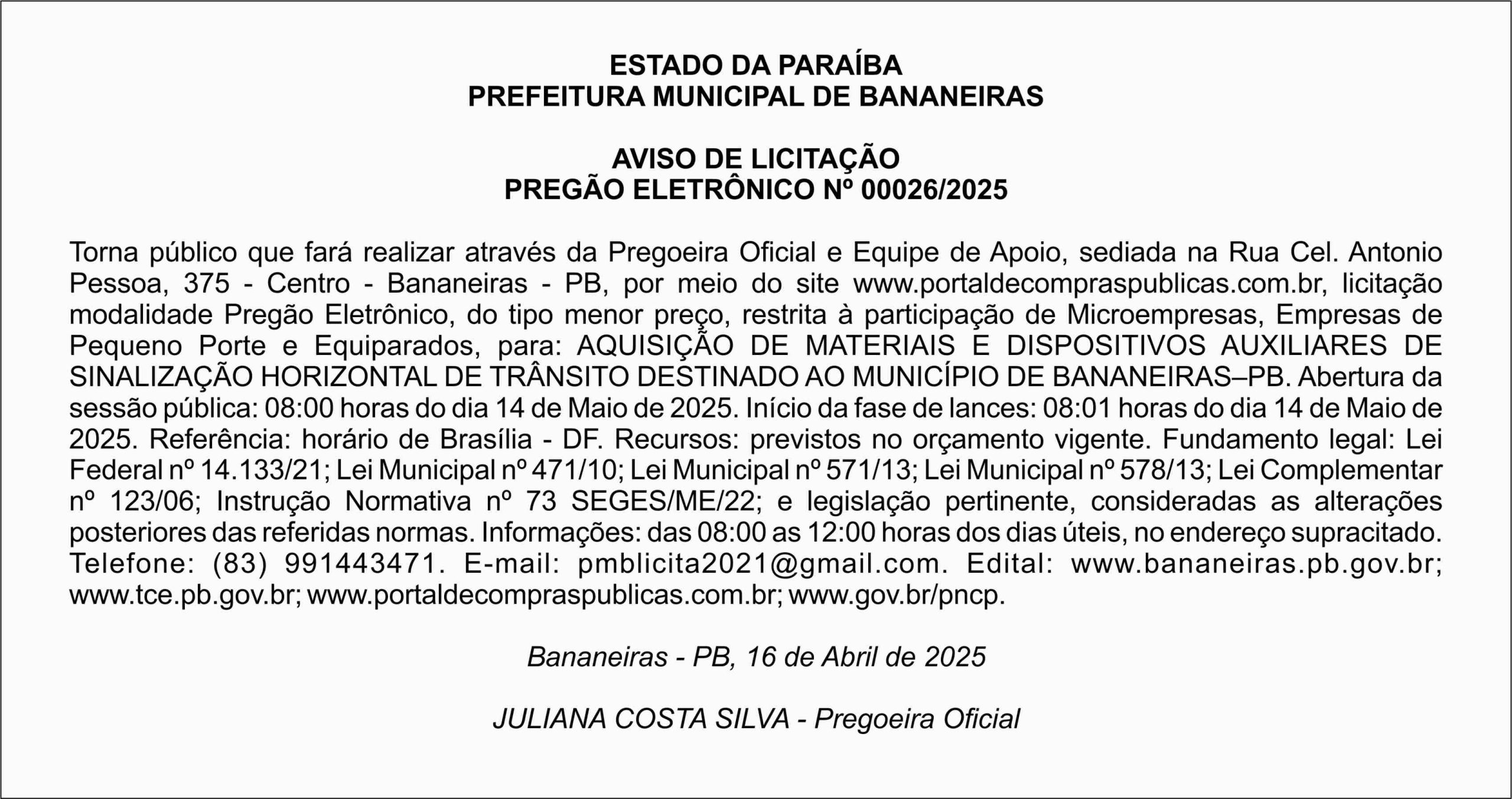 PREFEITURA MUNICIPAL DE BANANEIRAS – AVISO DE LICITAÇÃO – PREGÃO ELETRÔNICO Nº 00026/2025