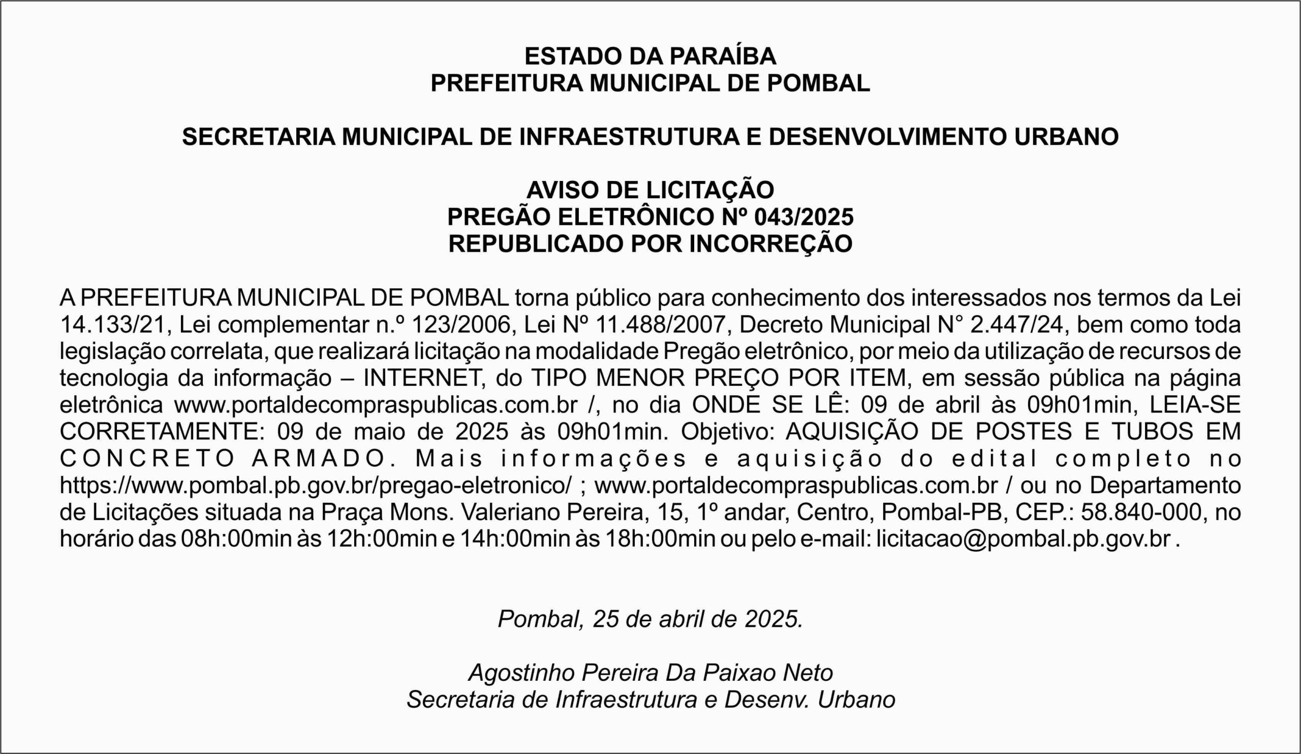 PREFEITURA MUNICIPAL DE POMBAL – AVISO DE LICITAÇÃO – PREGÃO ELETRÔNICO Nº 043/2025 (REPUBLICADO POR INCORREÇÃO)
